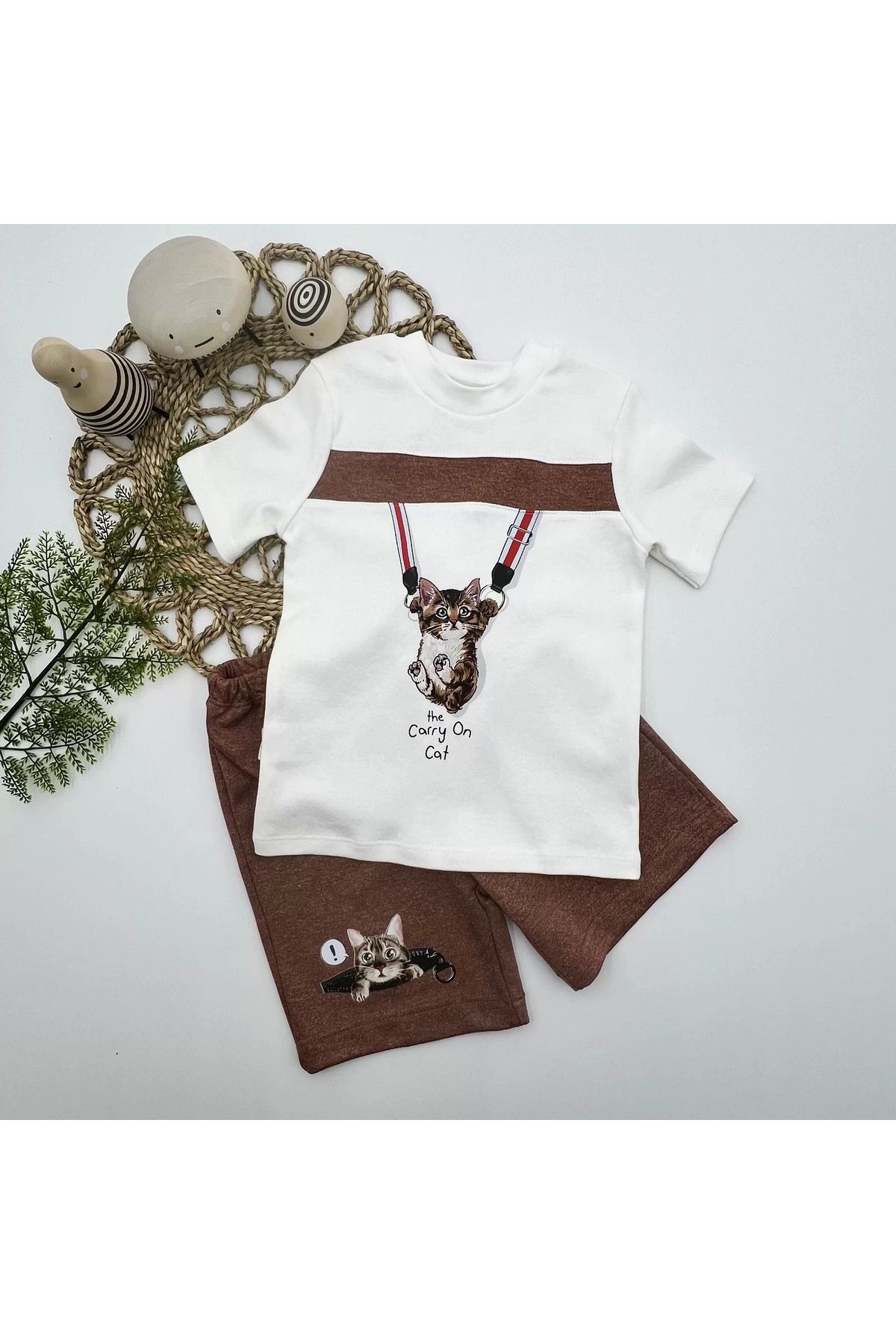 HayMed-Baby Boy's Cat Printed Zippered Shorts and Short Sleeve T-Shirt Set of 2 - Brown 2