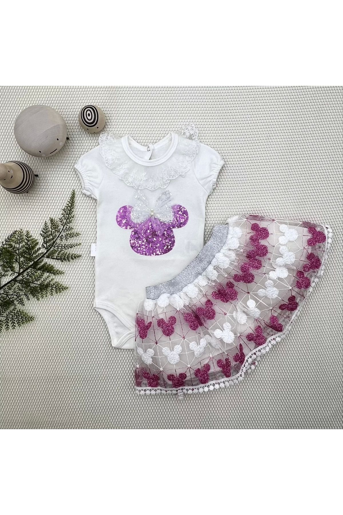 Miravm Petli Mickey Nakışlıkısa Kollu Brode Etekli 2li Kız Bebek Takımı Fuşya