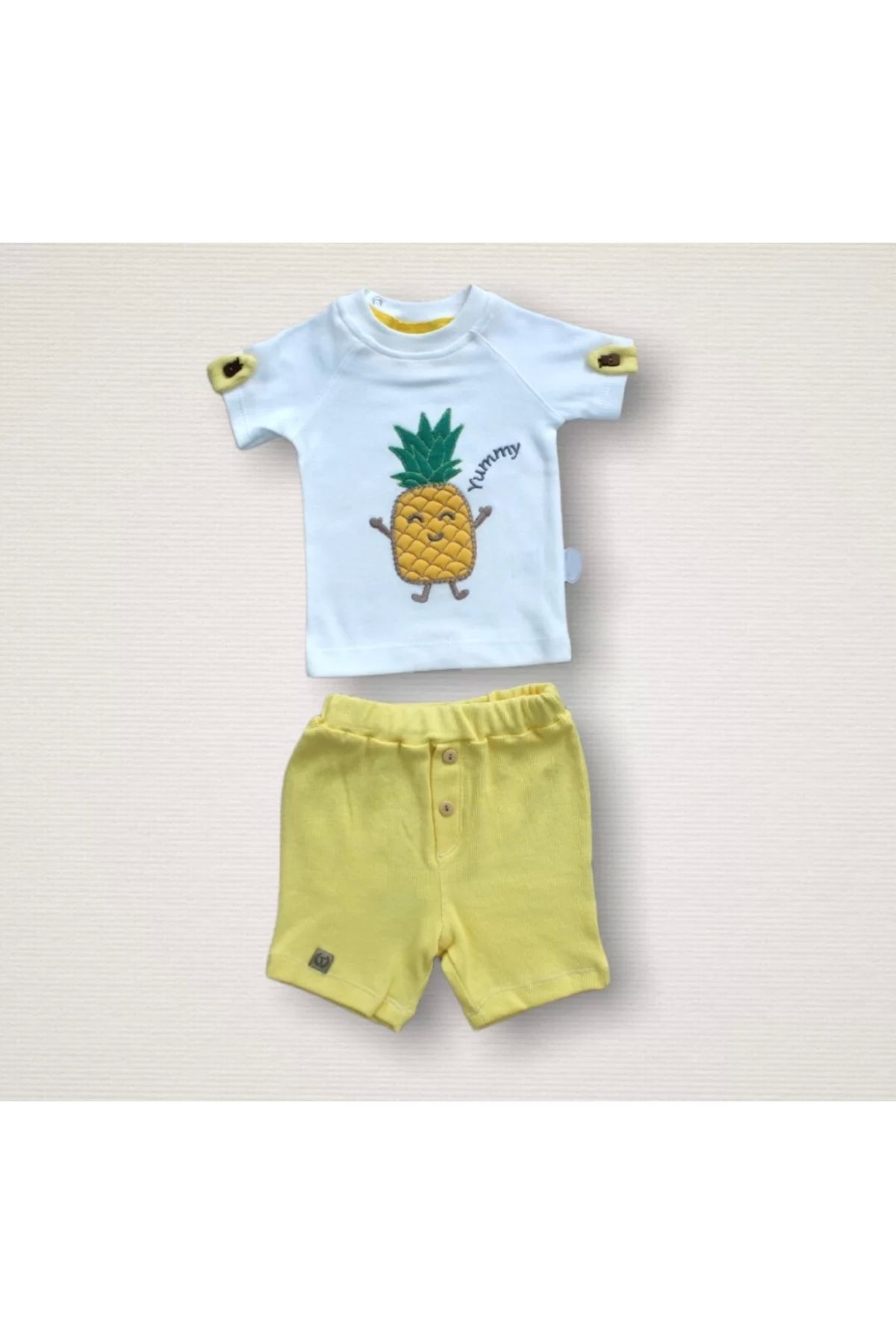 Miravm Ananas Nakışlı Kısa Kollu Sweatli Şortlu 2li Kız-erkek Bebek Takımı Sarı