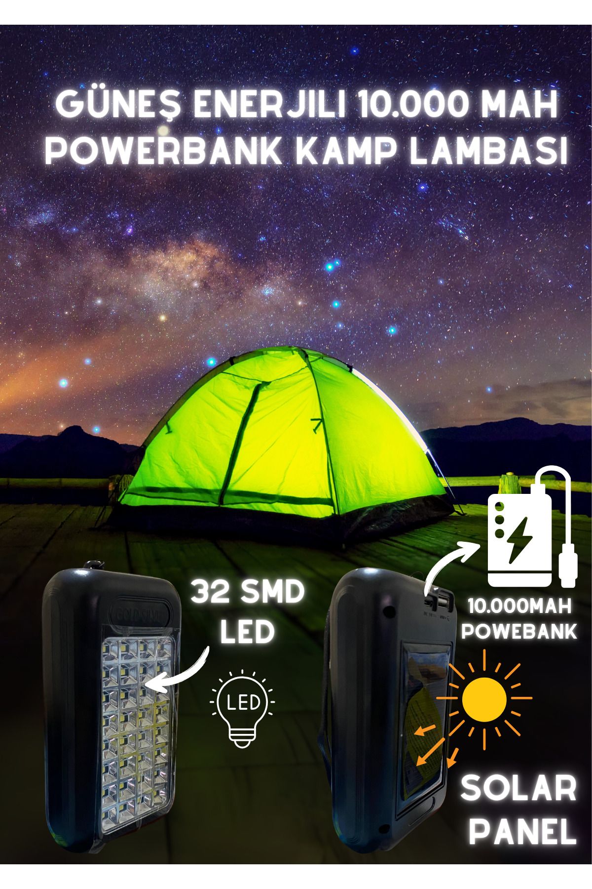 Voxify Güneş Enerjili Doldurulabilir, 10.000 mah Powerbank, Ledli Işıldak Kamp Ekipmanı