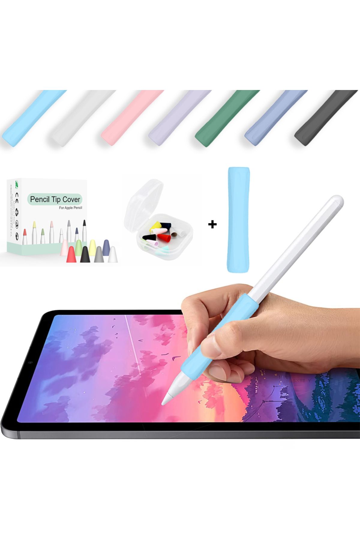 Sneezy Apple Pencil 1-2 Nesil Pro USB-C Uyumlu Soft Yumuşak Silikon Kalem Tutucu ve 8'li Kalem Ucu Koruyucu