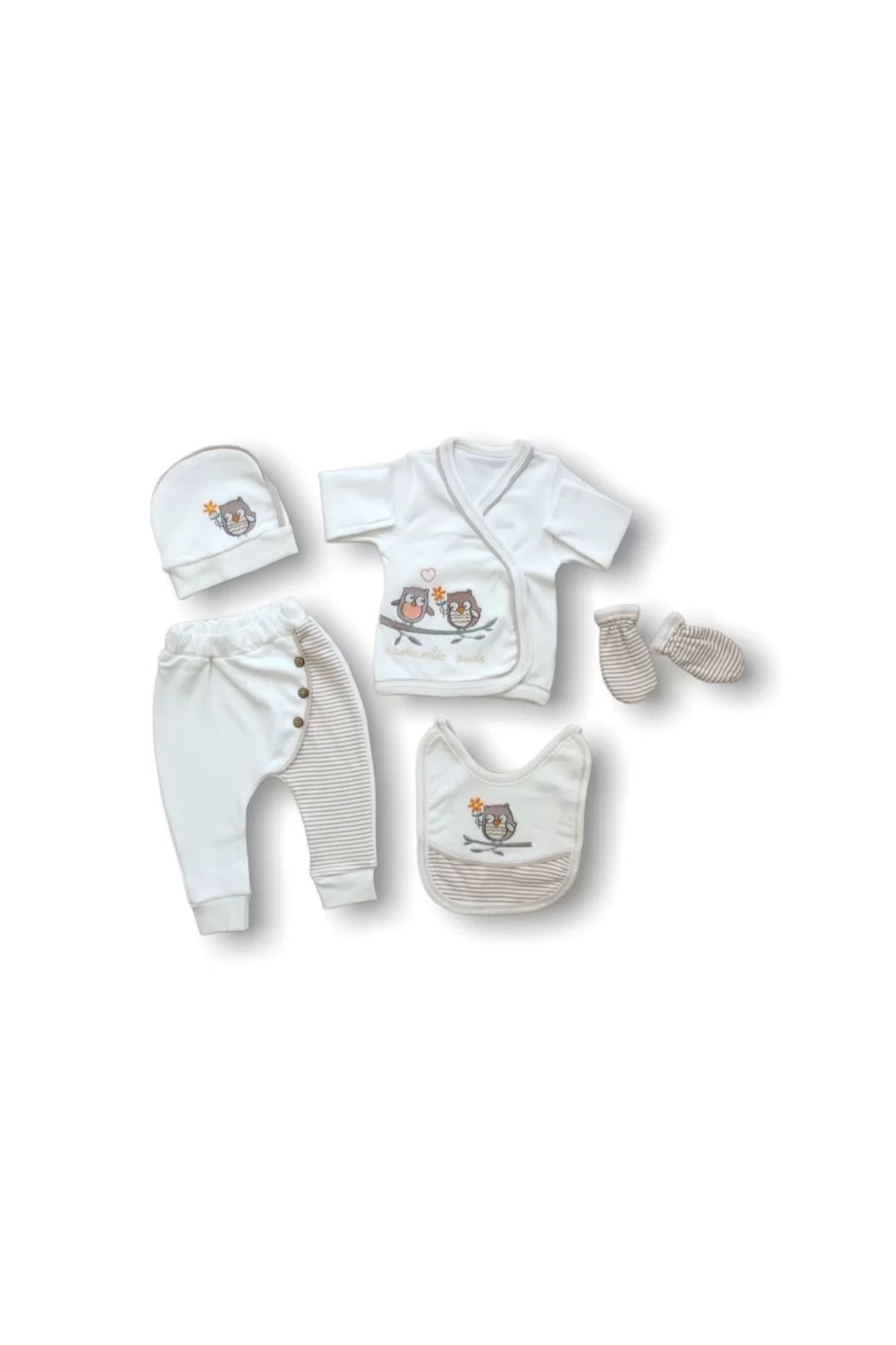Miravm Romantik Çift Baykuş Nakışlı %100 Cotton Antibakteriyel 5li Zıbın Takımı Hastane Çıkışı Ekru