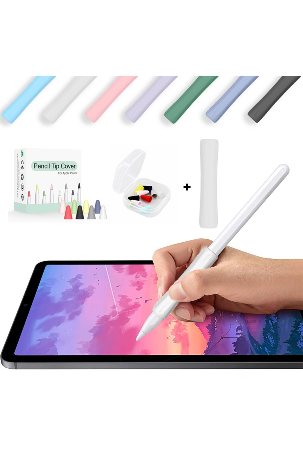 Sneezy Apple Pencil 1-2 Nesil Pro USB-C Uyumlu Soft Yumuşak Silikon Kalem Tutucu ve 8'li Kalem Ucu Koruyucu