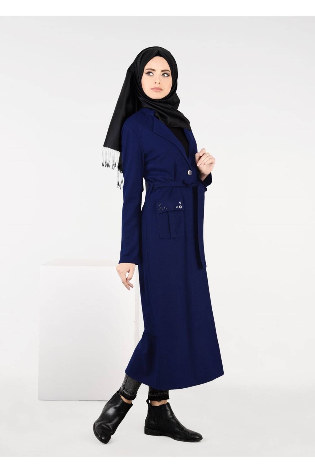 TRENDTESETTÜR-Women's Navy Blue (NDIGO) Waist Belted Felt Jacket 4954 2