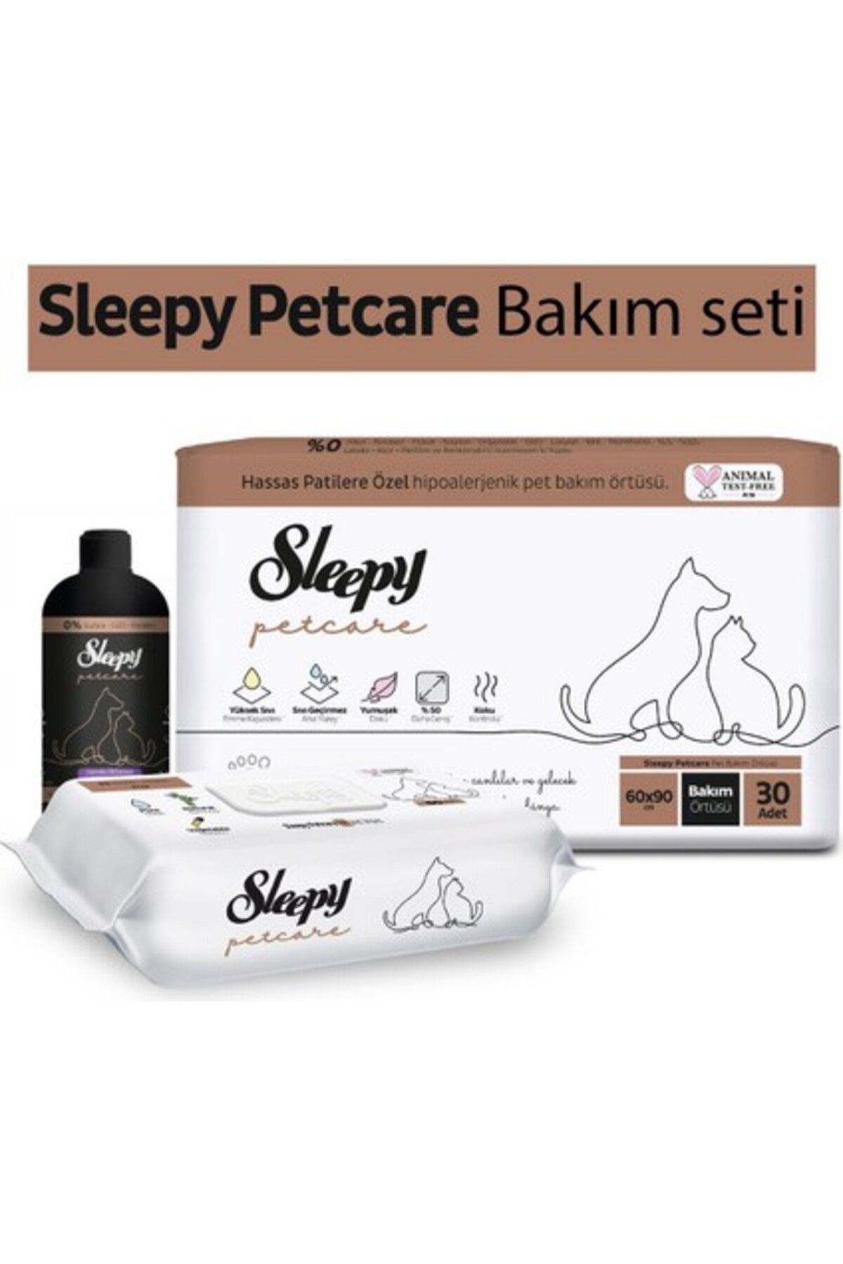 Sleepy Petcare Bakım Seti ( 30'lu Pet Bakım Örtüsü + 60 Yaprak Islak Havlu + 500 ml Şampuan )