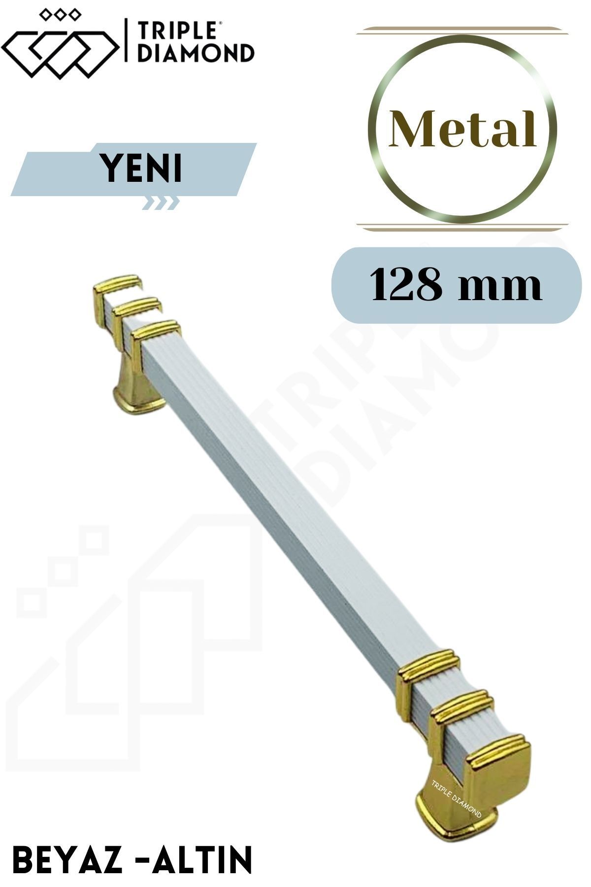 Triple Diamond 128 Mm Beyaz-Gold Çekmece Kulpları Dolap Mutfak Mobilya Kulpu 1 Adet ( 12.8 Cm ) = 128 mm