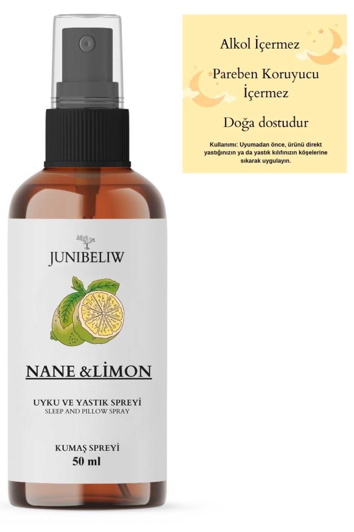 JUIWI Alkolsüz Natural Uyku Ve Yastık Spreyi Doğal Nane Limon 50ml ( Kumaş Için)