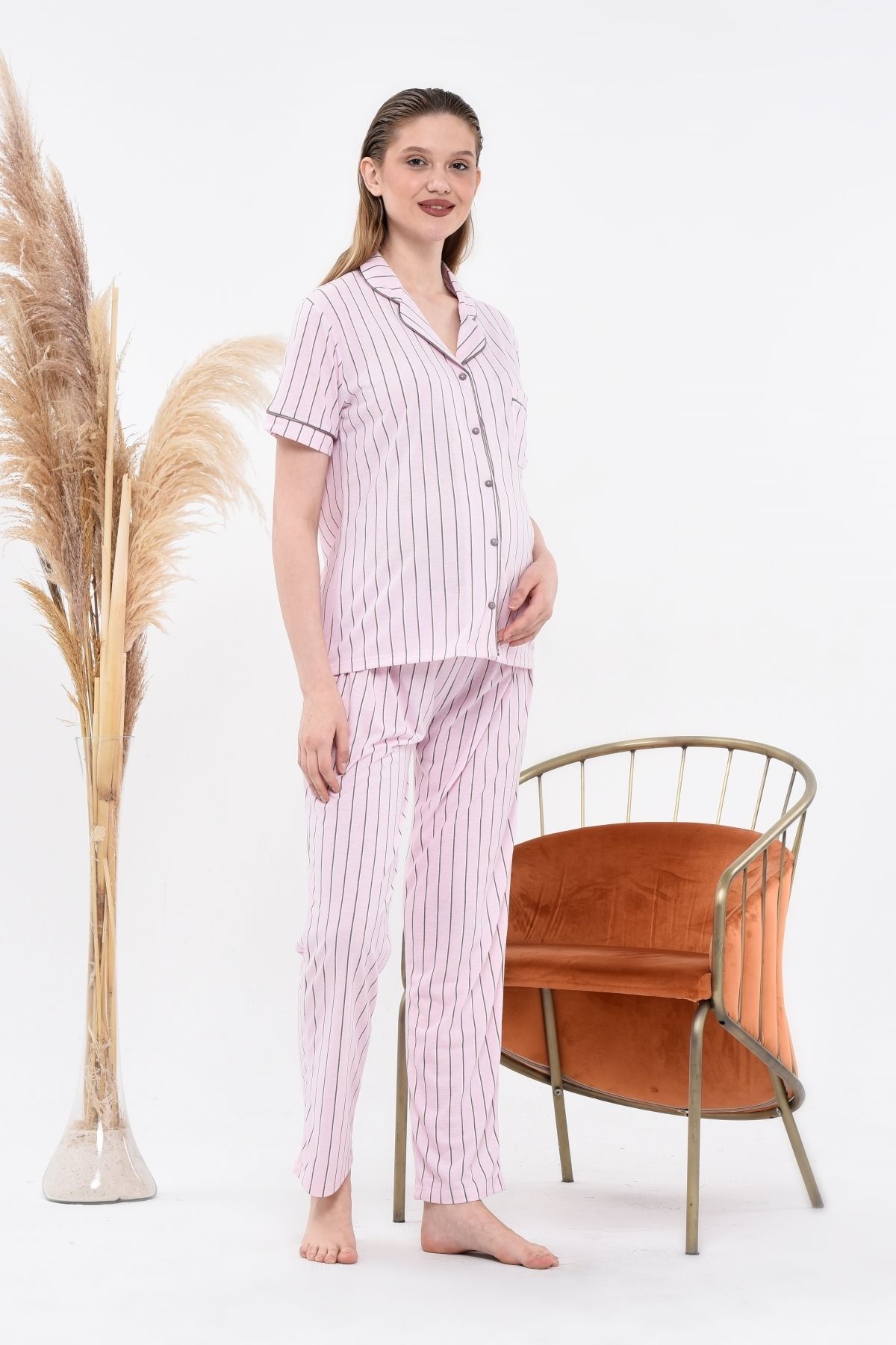 LadyMina Pijama-Set pijamale dublă cu mânecă scurtă în dungi roz pentru gravidă și maternitate 5