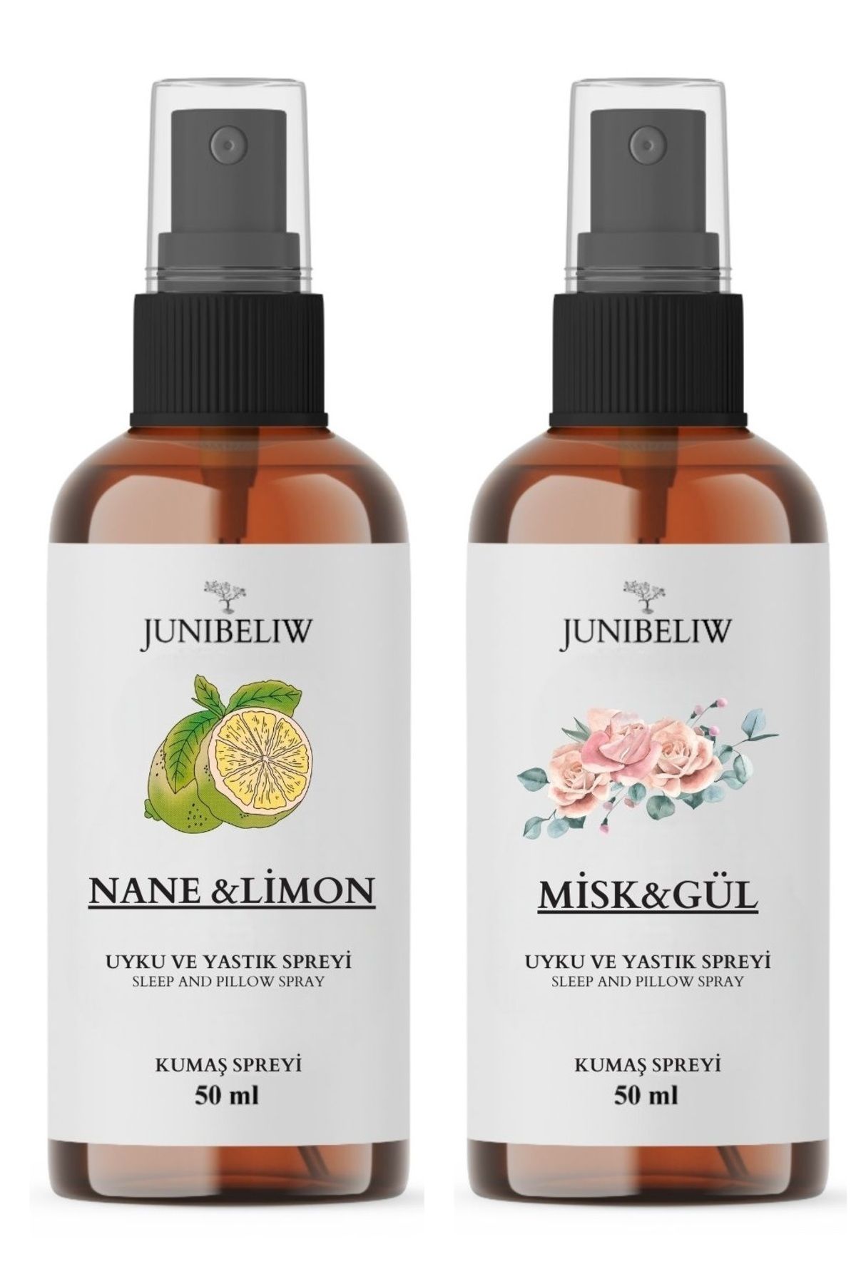 JUIWI 2li Set Alkolsüz Uyku Ve Yastık Spreyi Doğal Natural Misk Gül Ve Nane Limon 2x50ml (KUMAŞ IÇİN)