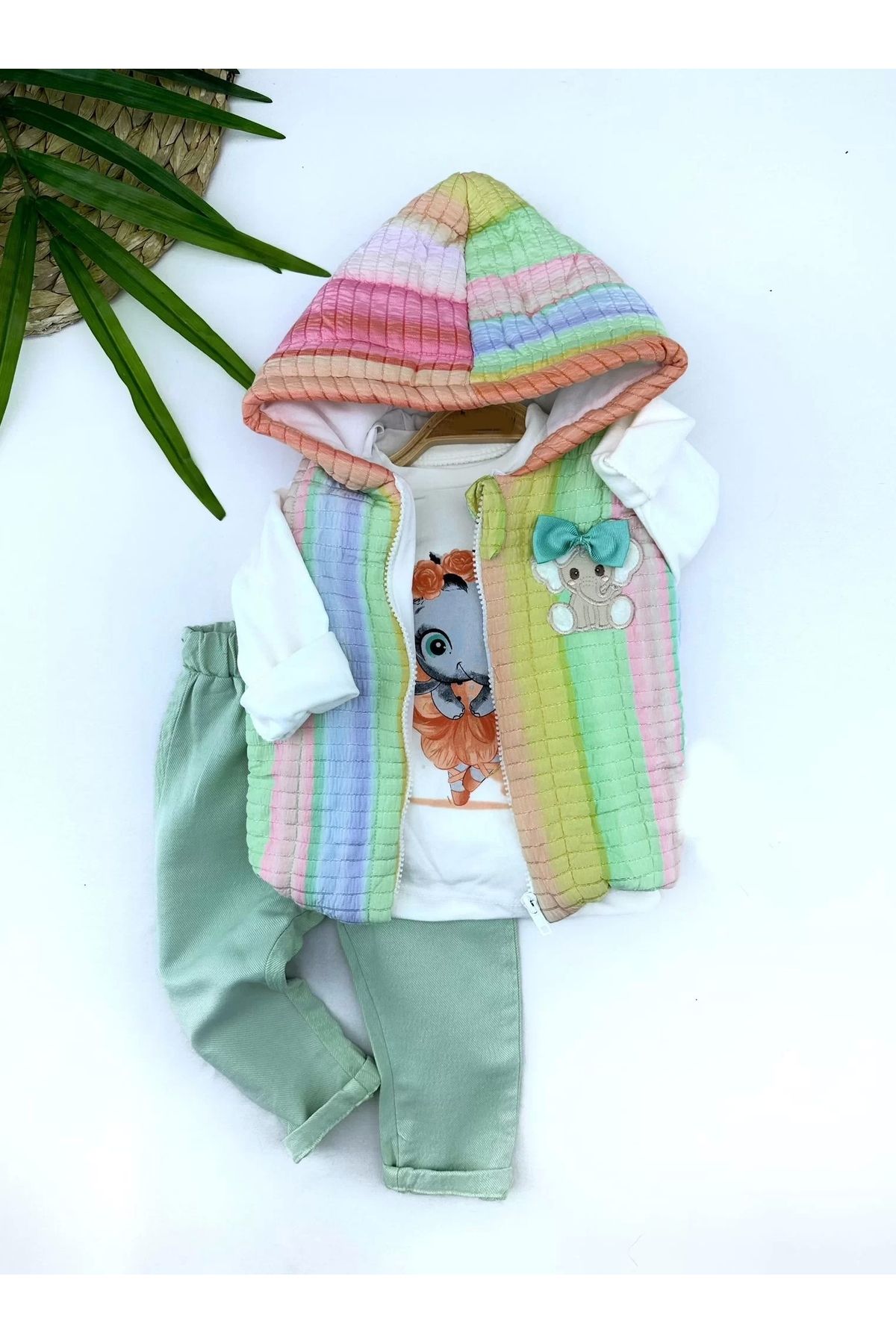 Miravm Kapşonlu Fermuarlı Gökkuşağı Şişme Yelek Sweat Pantolonlu 3lü Kız Erkek Bebek Takımı