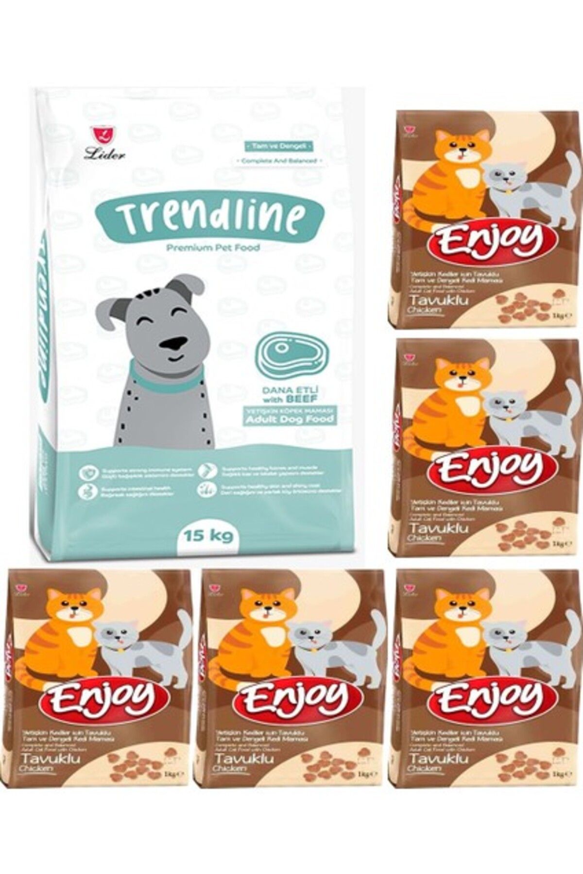 Trendline Dog Biftekli Köpek Maması 15 kg & Enjoy Tavuk Etli Yetişkin Kedi Maması 1 kg x 5 Adet