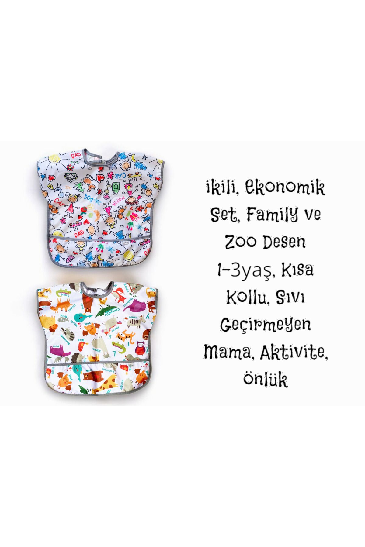 yorni 2 Adet, Ekonomik Set, 1-3yaş, Family ve Zoo Desen, KISA Kollu, Sıvı Geçirmez, Cepli, Mama Önlüğü