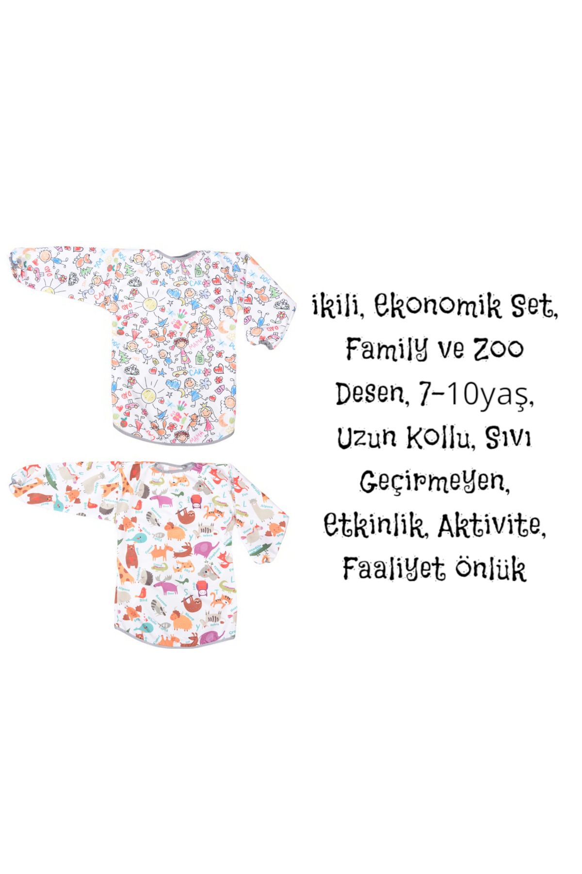 yorni 2 Adet, Ekonomik Set, 7-10yaş, Family ve Zoo Desen, UZUN Kollu, Sıvı Geçirmez, Faaliyet, Mama Önlüğü