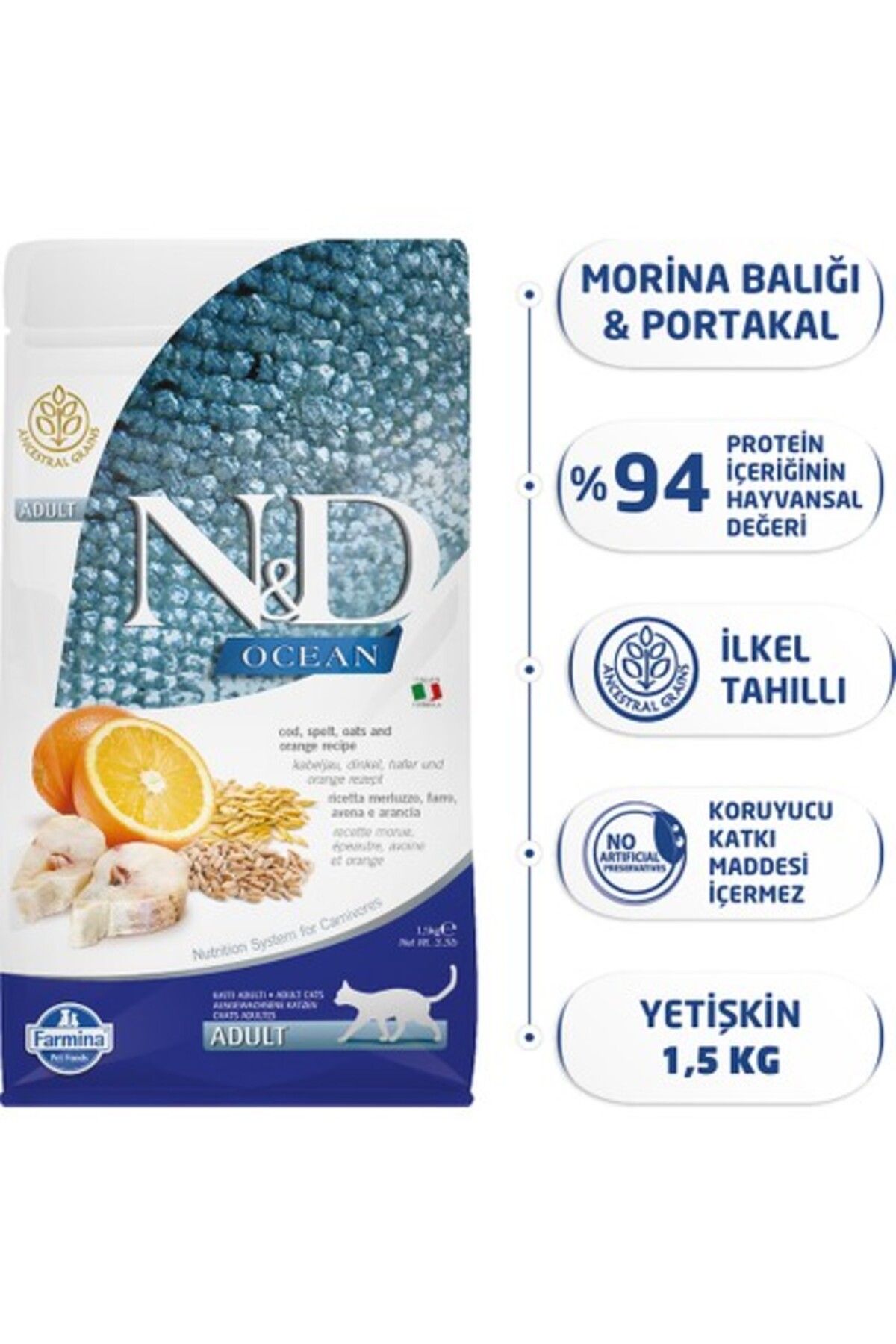 N&D 1;5 kg Düşük Tahıllı Morina Balıklı Portakallı Yetişkin Kedi Maması