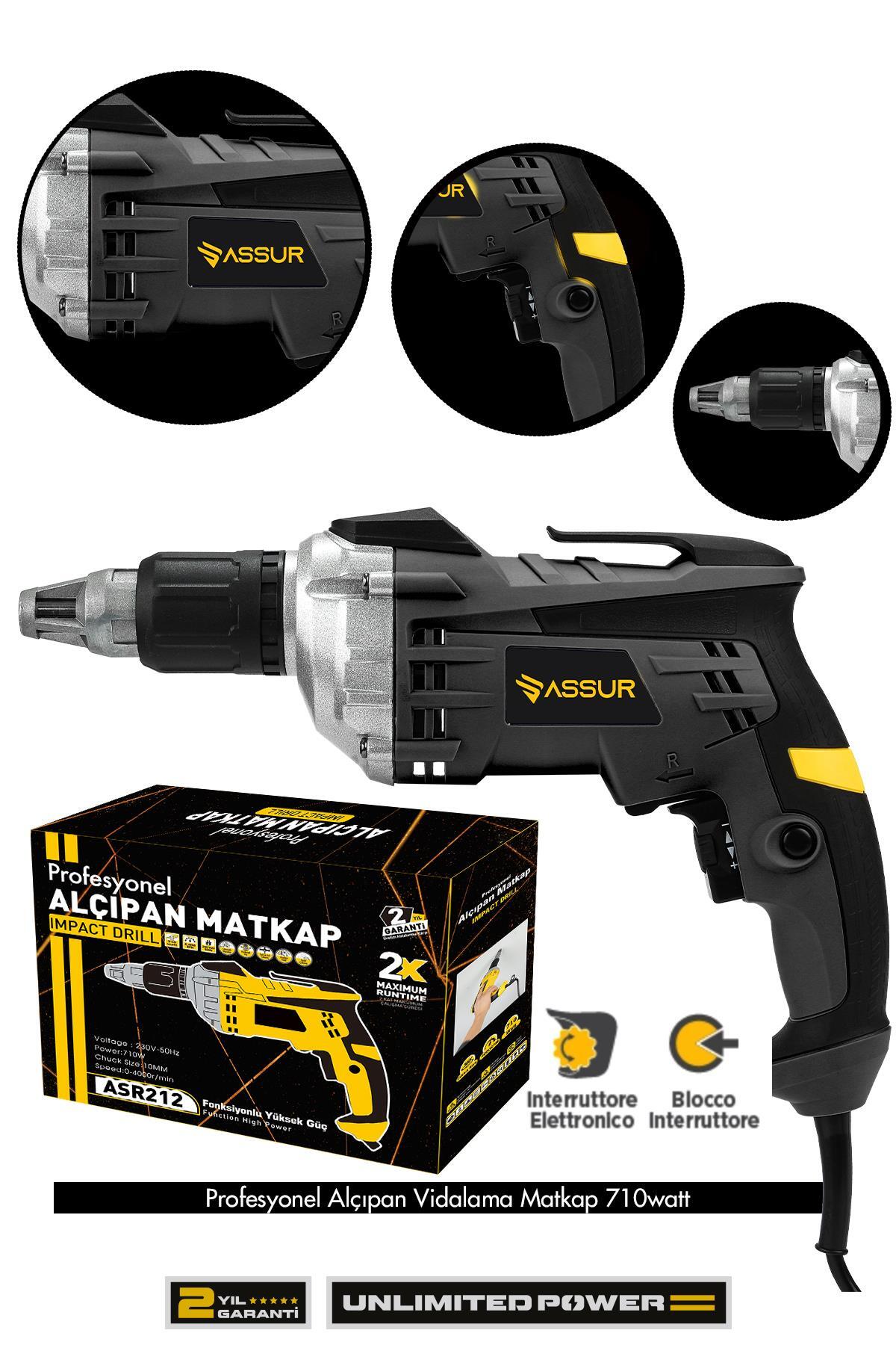 ASSUR 710W 90 Nm Darbeli Alçıpan Vida Tabancası Profesyonel Siyah Vidalama Makinesi