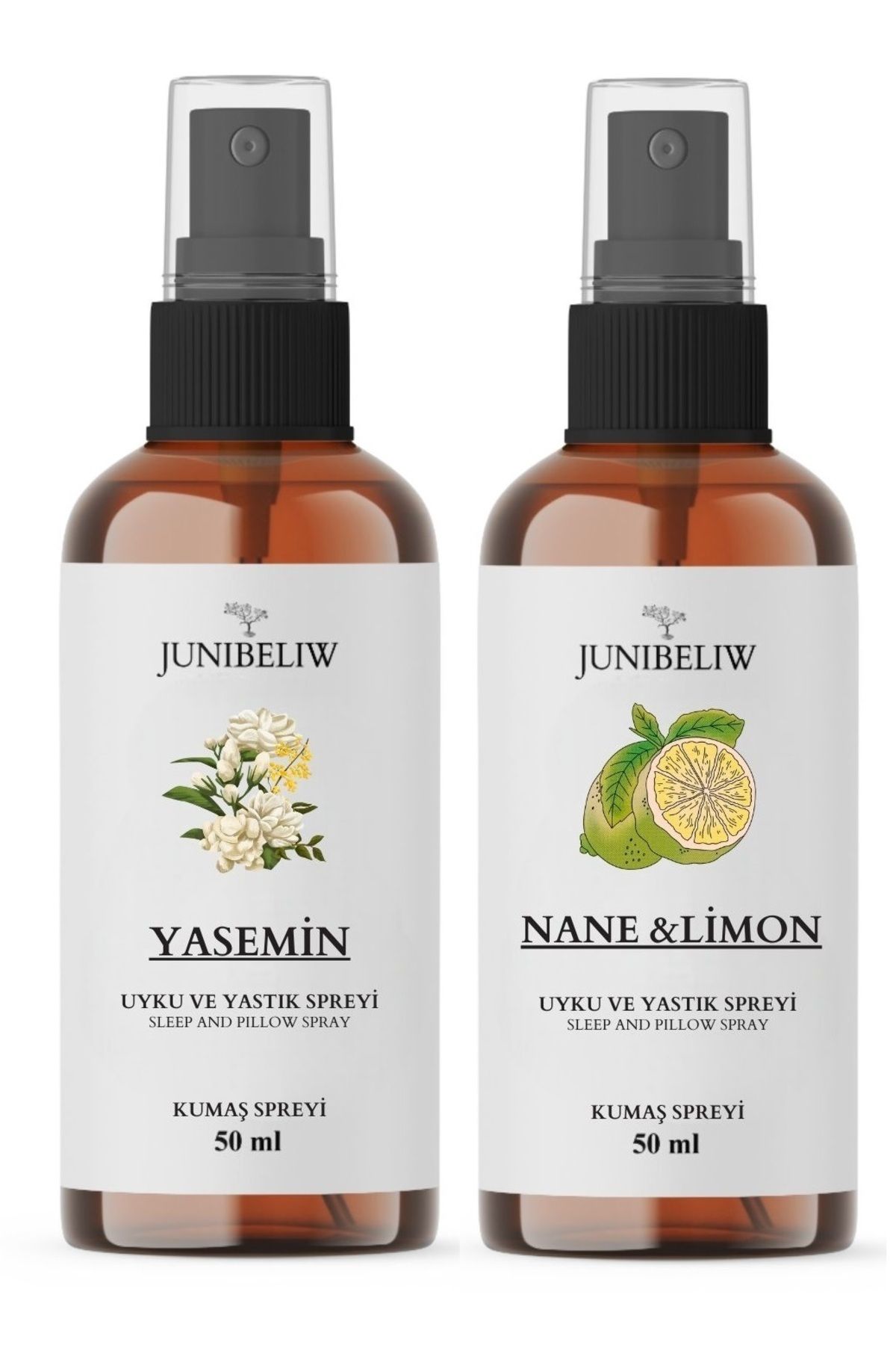 JUIWI 2li Set Alkolsüz Uyku Ve Yastık Spreyi Doğal Natural Yasemin Ve Nane Limon 2x50ml (KUMAŞ IÇİN)