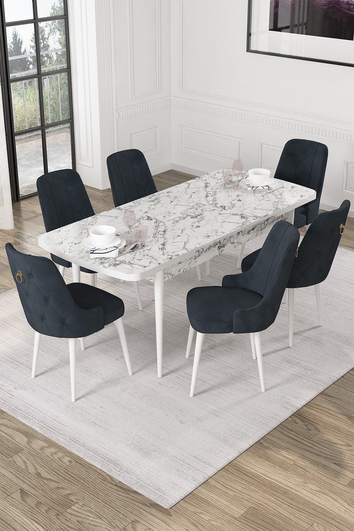 Mechta Beyaz Mermer Desen 80 X 132 Açılabilen Mdf Yemek Masası Takımı 6 Adet Sandalye-1