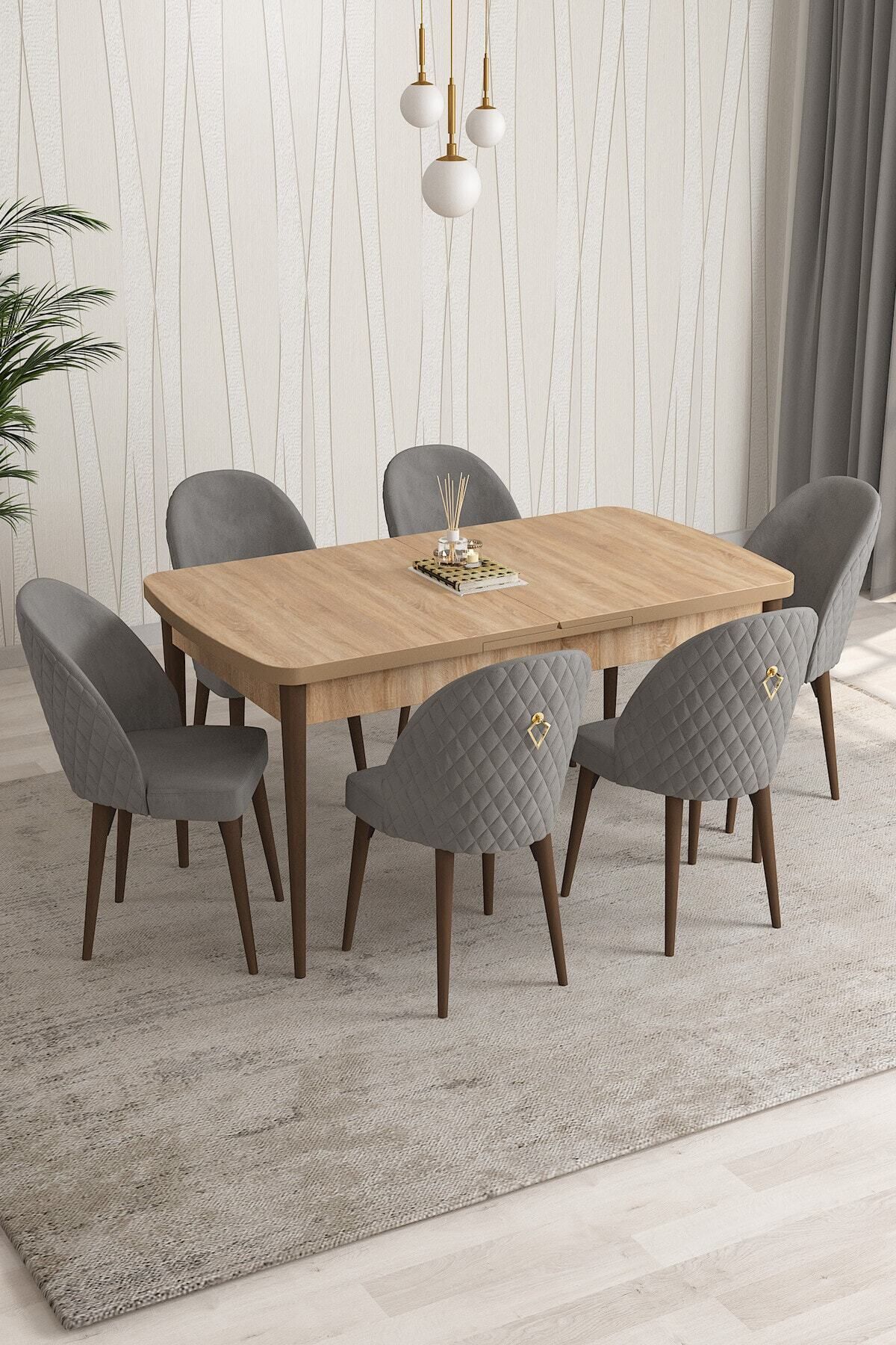 PARS Meşe Desen 80 X 132 Mdf Açılabilen Mutfak Masası ( Takım Halinde ) 6 Adet Sandalye