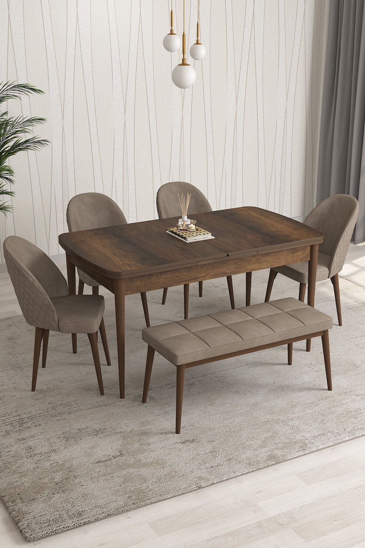 MOSKOV Barok Desen 80 X 132 Açılabilen Yemek Masası Takımı 4 Sandalye, 1 Bench