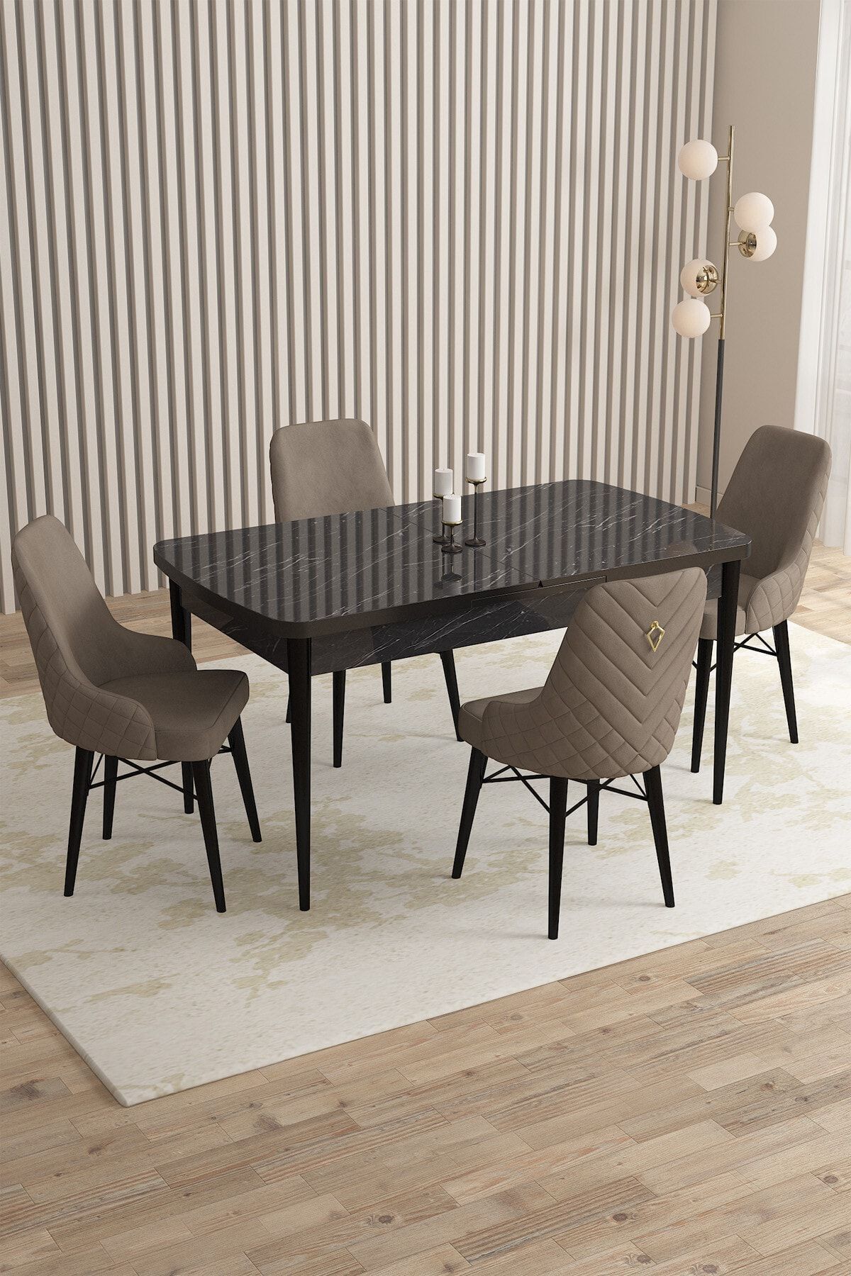 Trapeza Siyah Mermer Desen 80 X 132 Açılabilen Mutfak Masası ( Takım Halinde ) 4 Adet Sandalye-0