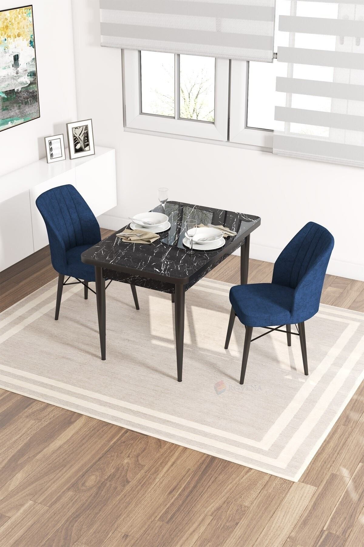 Polena Siyah Mermer Desen 70x110 Sabit Mutfak Masası 2 Sandalye-0