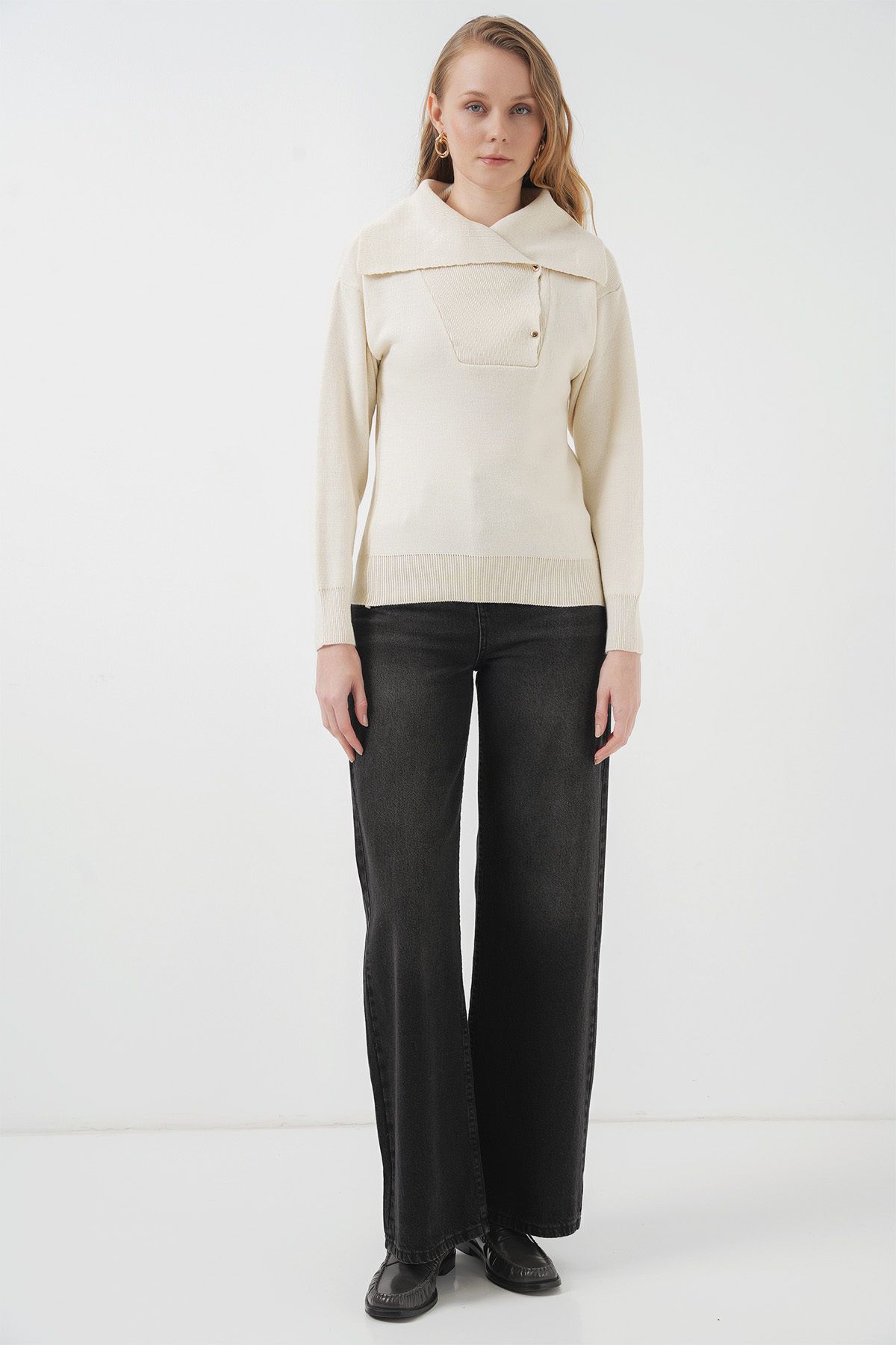 Bigdart-15921 Strickpullover mit weitem Kragen – Creme 2