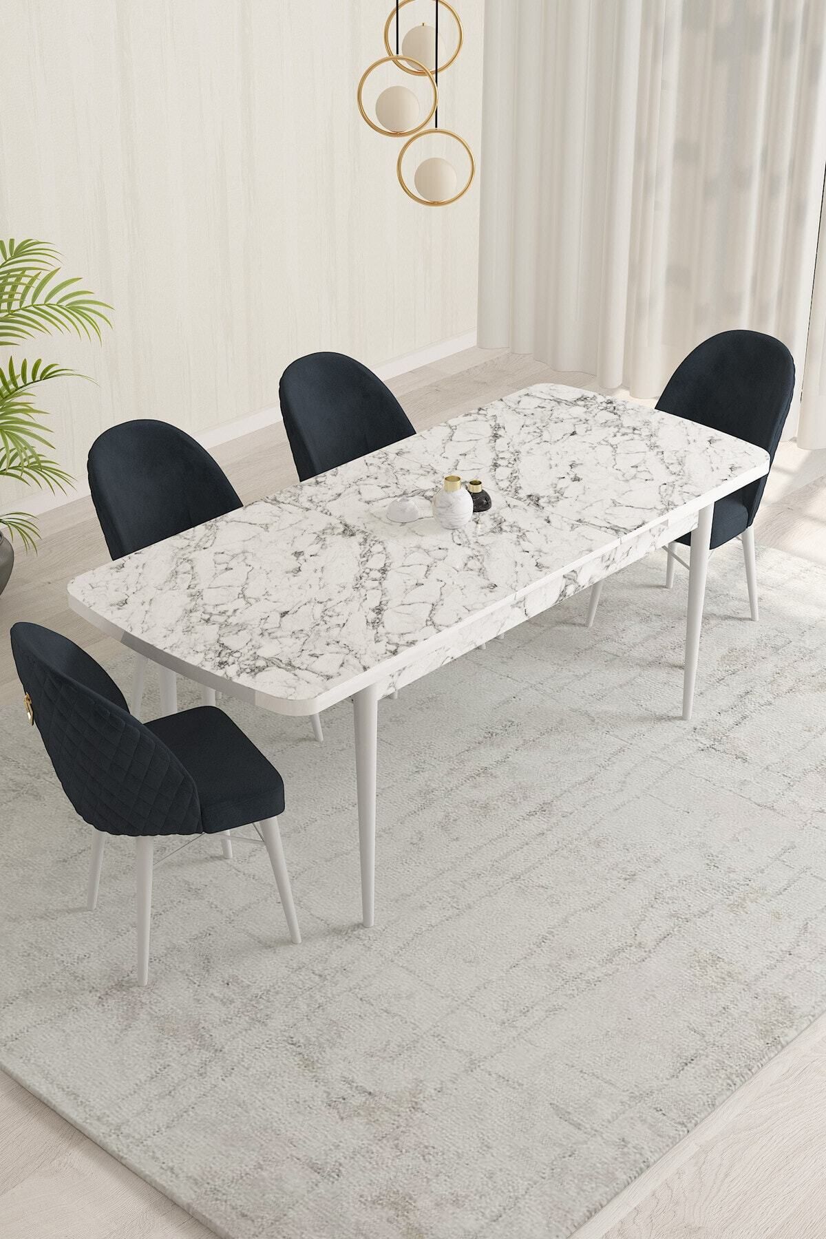 MİLENİUM Beyaz Mermer Desen 80 X 132 Mdf Açılabilen Yemek Masası Takımı 4 Adet Sandalye-1