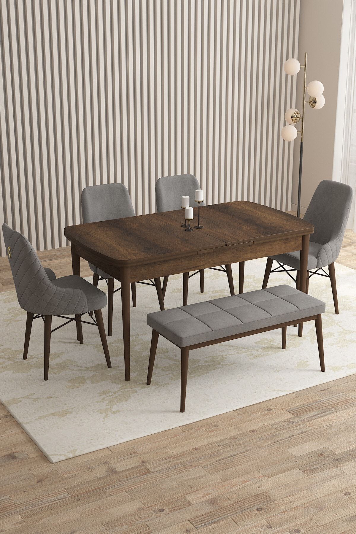 Trapeza Barok Desen 80 X 132 Açılabilen Mutfak Masası ( Takım Halinde ) 4 Sandalye, 1 Bench-0