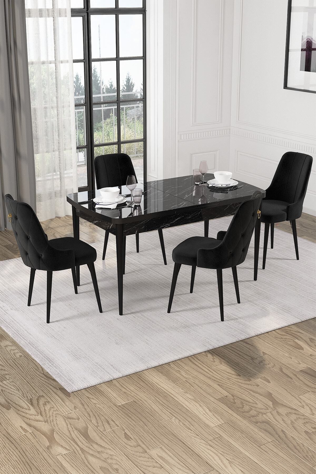 Mechta Siyah Mermer Desen 80 X 132 Açılabilen Mdf Yemek Masası Takımı 4 Adet Sandalye-0