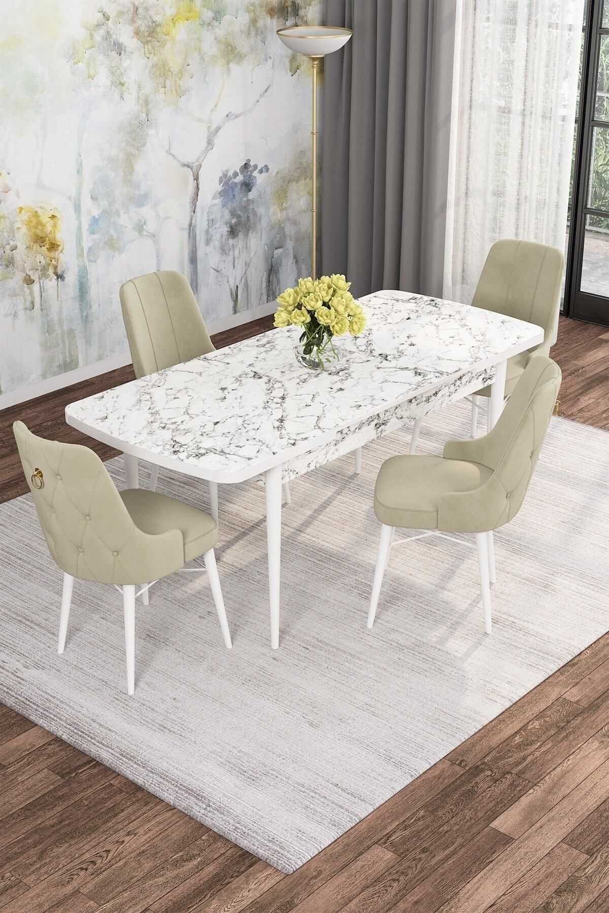 SONATA Beyaz Mermer Desen 80 X 132 Açılabilen Mdf Mutfak Masası ( Takım Halinde ) 4 Adet Sandalye-1