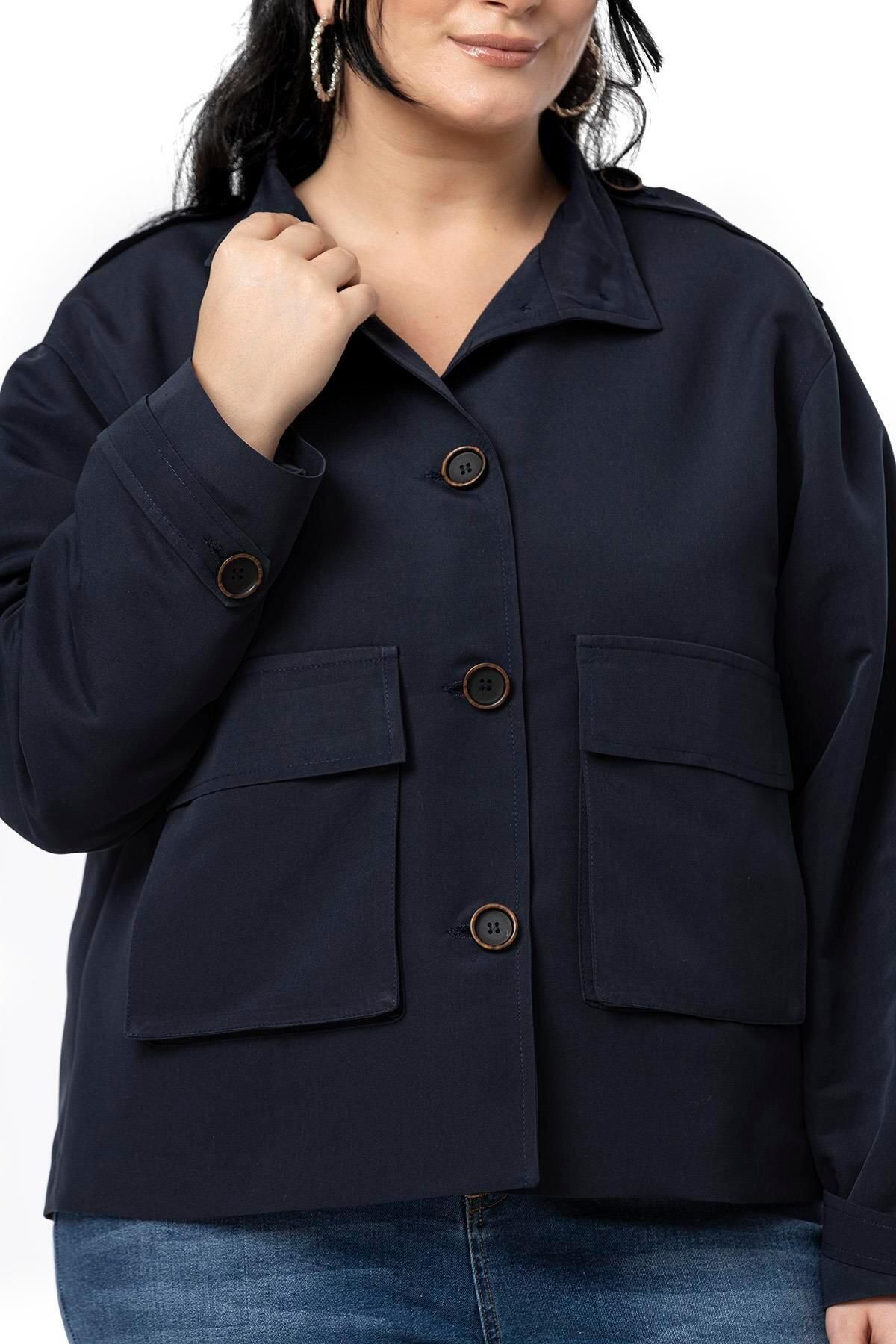 DISENTIS MODEST-Plus Size Stand Collar Cover Bag Pocket Lined Short Navy Blue Trench Coat 4