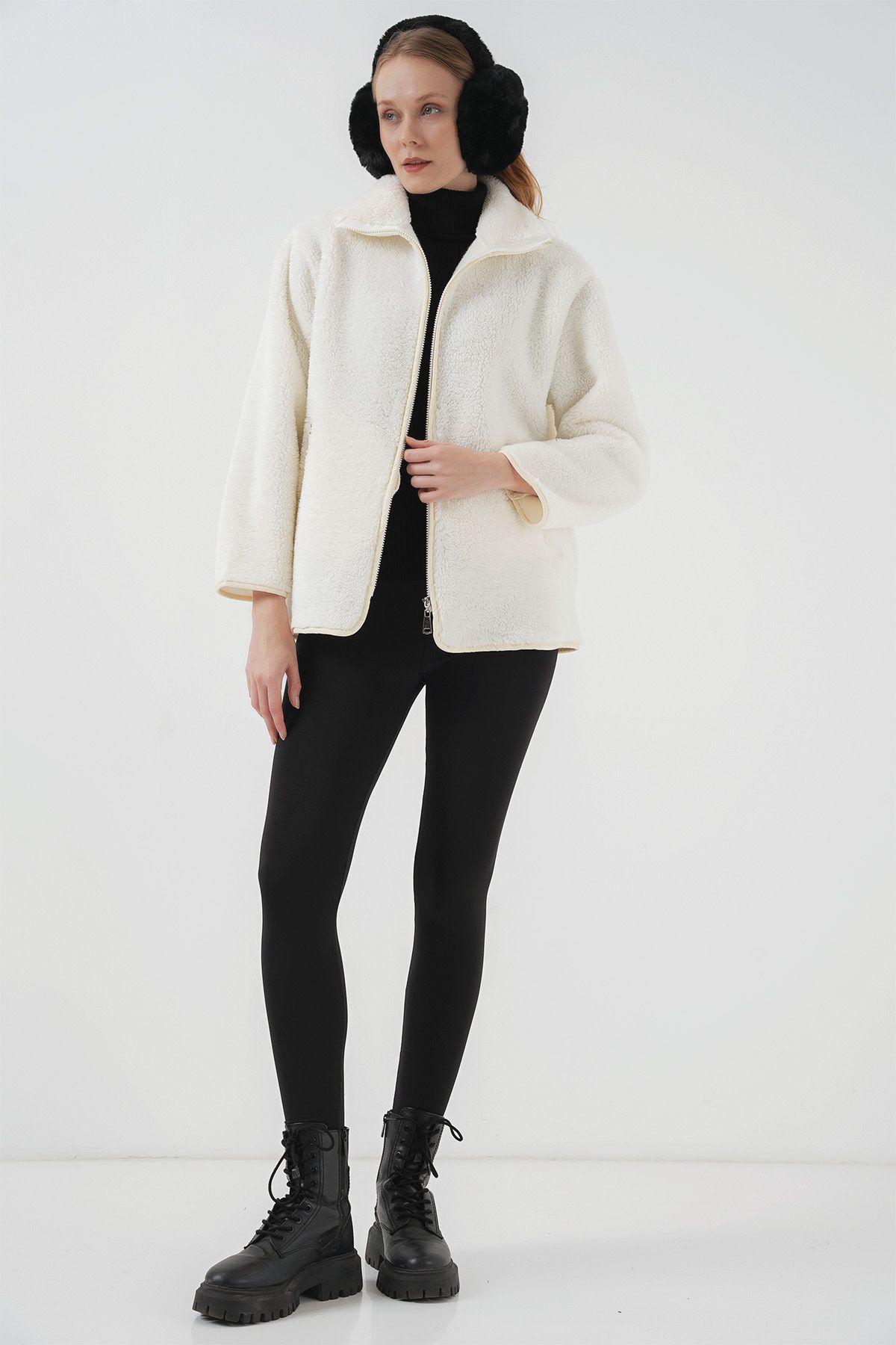 Bigdart-Ecru 5211 Zippered Plush Coat 2