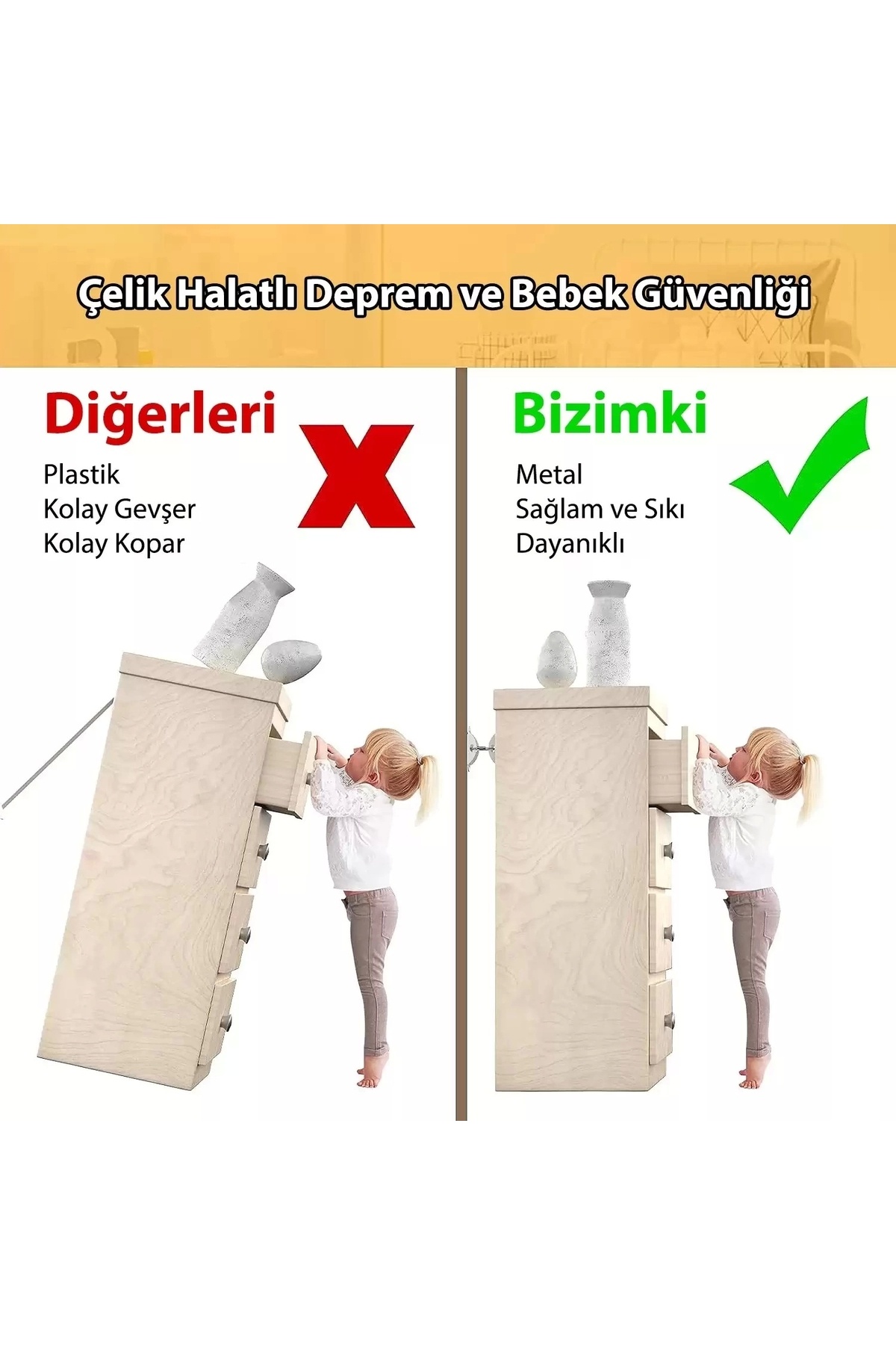 MR.BRACKET Çelik Halatlı Ağır Eşya Sabitleme Kiti - Bebek Koruyucu Çocuk Güvenliği Şifonyer Sabitleyici Aparat fotoğrafı 5 (önizleme)