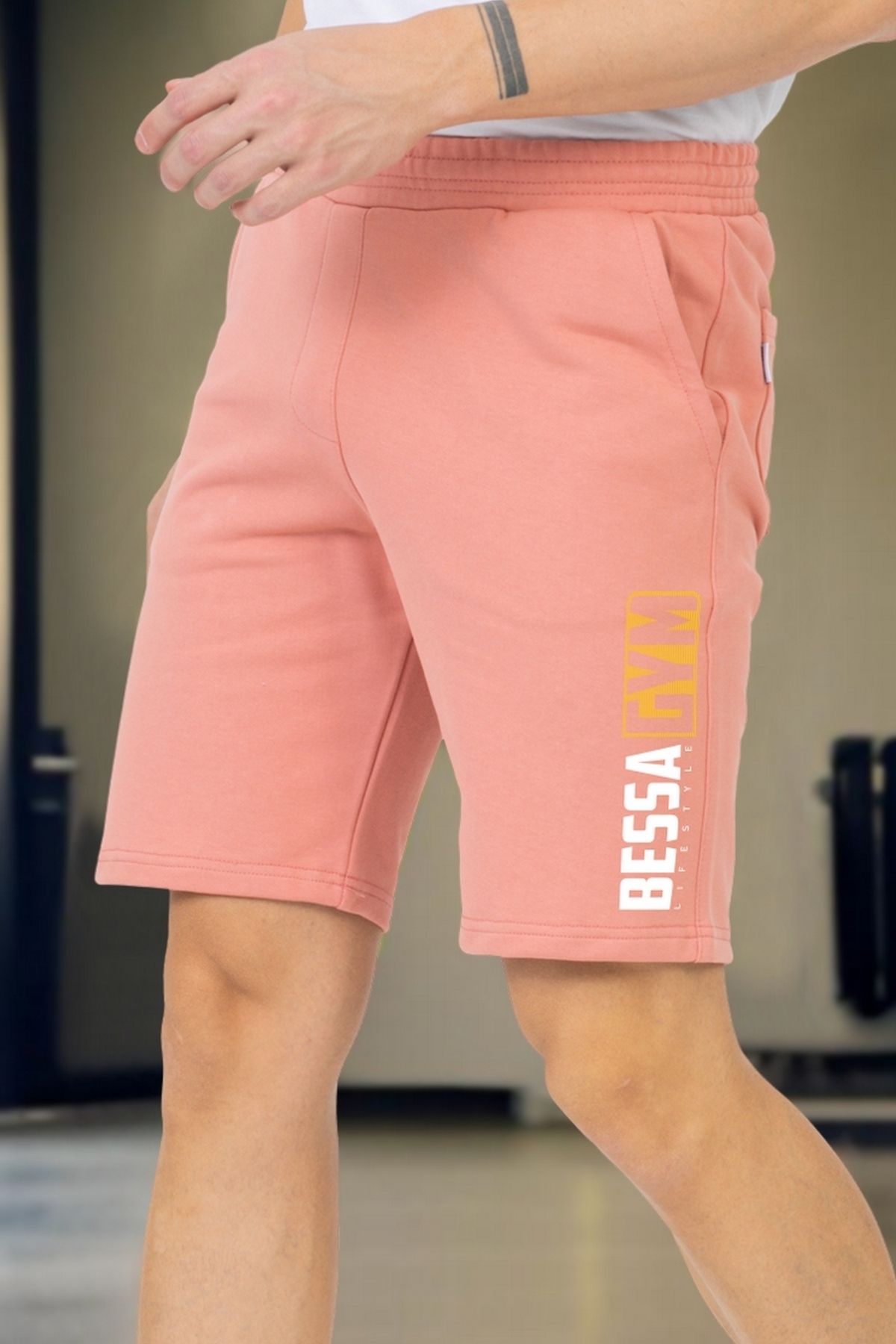 BESSA-Men's Bessa Gym Printed Shorts Salmon Cotton Stretchy Waisted Inner Cord Relaxed Fit 2