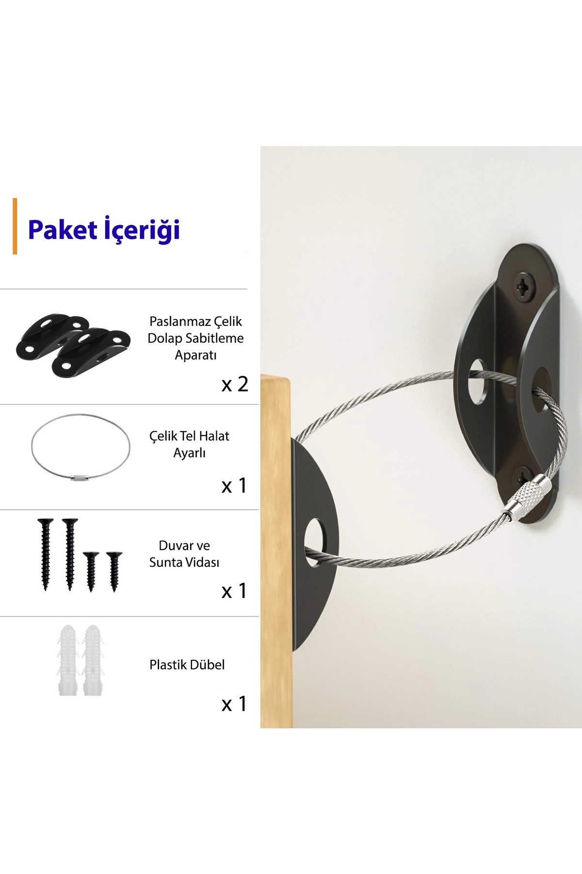 MR.BRACKET Ağır Yük Çelik Halatlı Deprem Dolap Sabitleme Aparatı - Mobilya Gardırop Duvar Sabitleyici Aparat fotoğrafı 2 (önizleme)