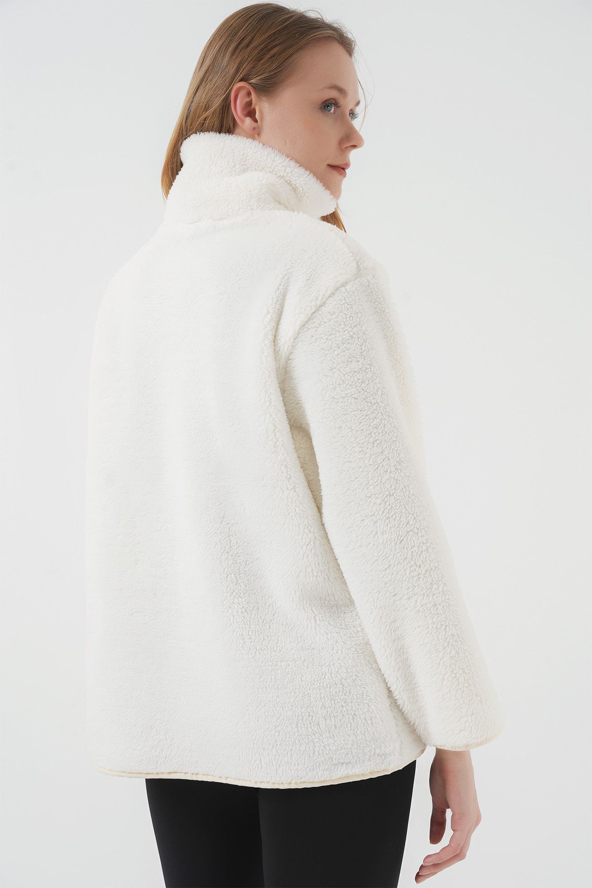 Bigdart-Ecru 5211 Zippered Plush Coat 7