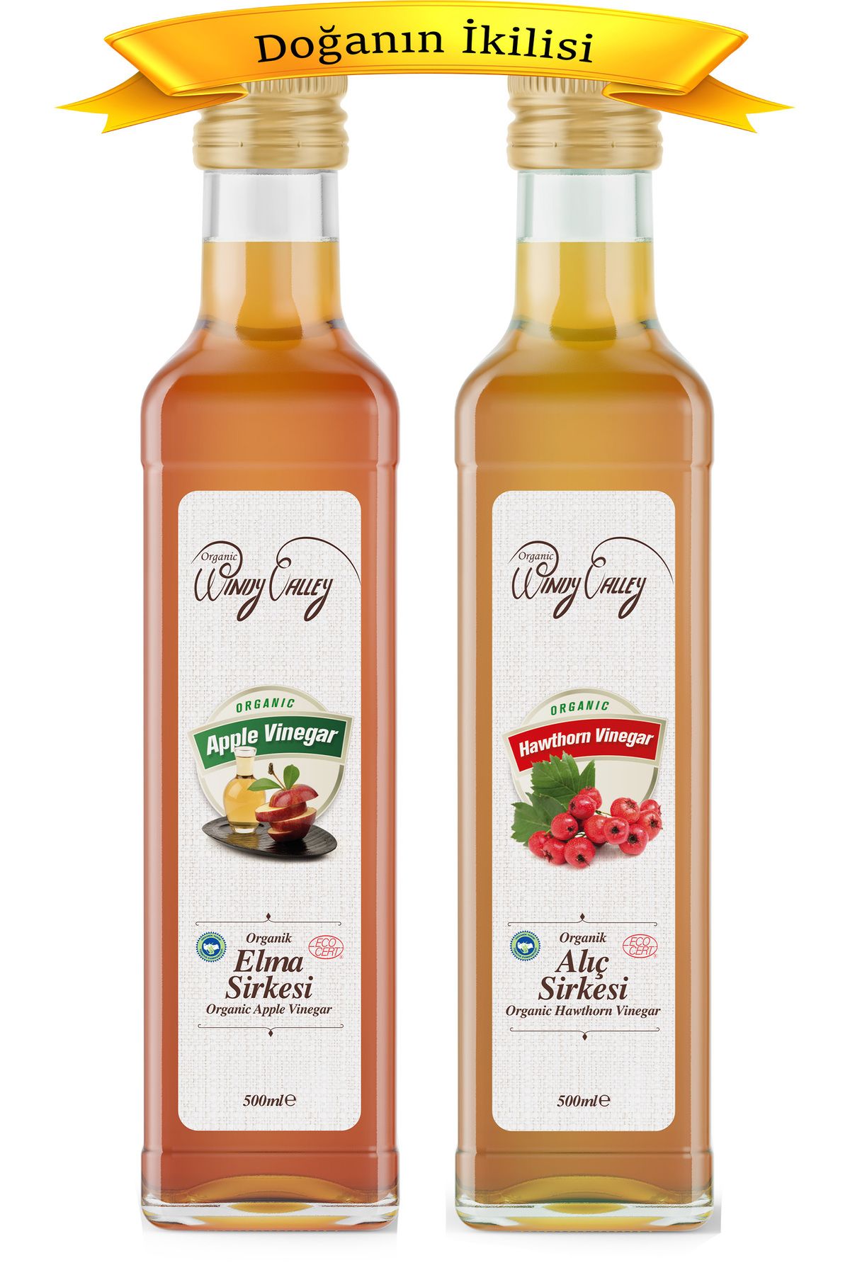 Organic Windy Valley Organik Elma (500 ML) & Alıç Sirkesi (500 ML) 2'li Avantaj Paketi Katkısız Doğal Fermente