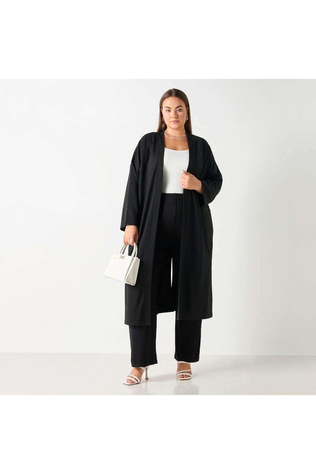 Ulla Popken-Plus Size Ulla Popken Open Front Longline Shrug with Pockets 2
