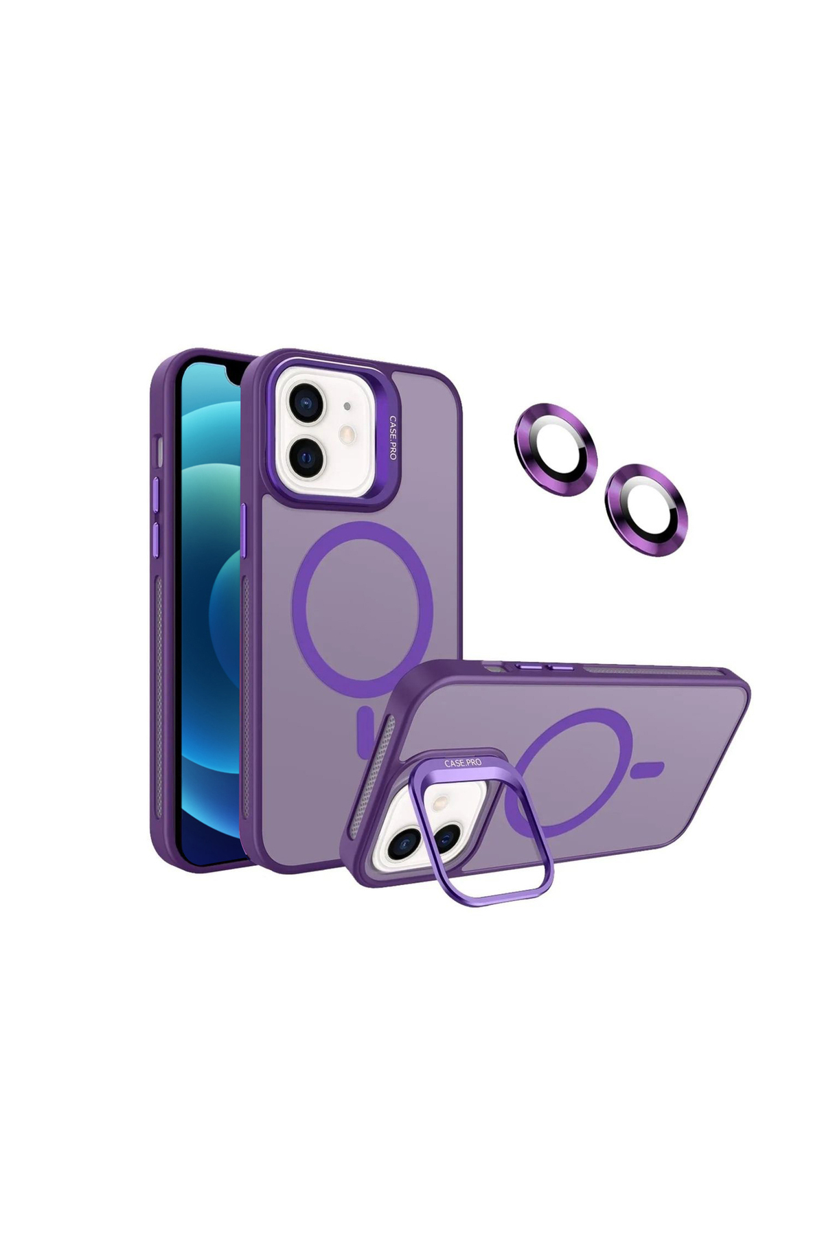 Apple iPhone 12 ile Uyumlu Lens Hediyeli Kamera Korumalı  Wireless Şarj Özellikli Standlı Premium Kılıf - Mor