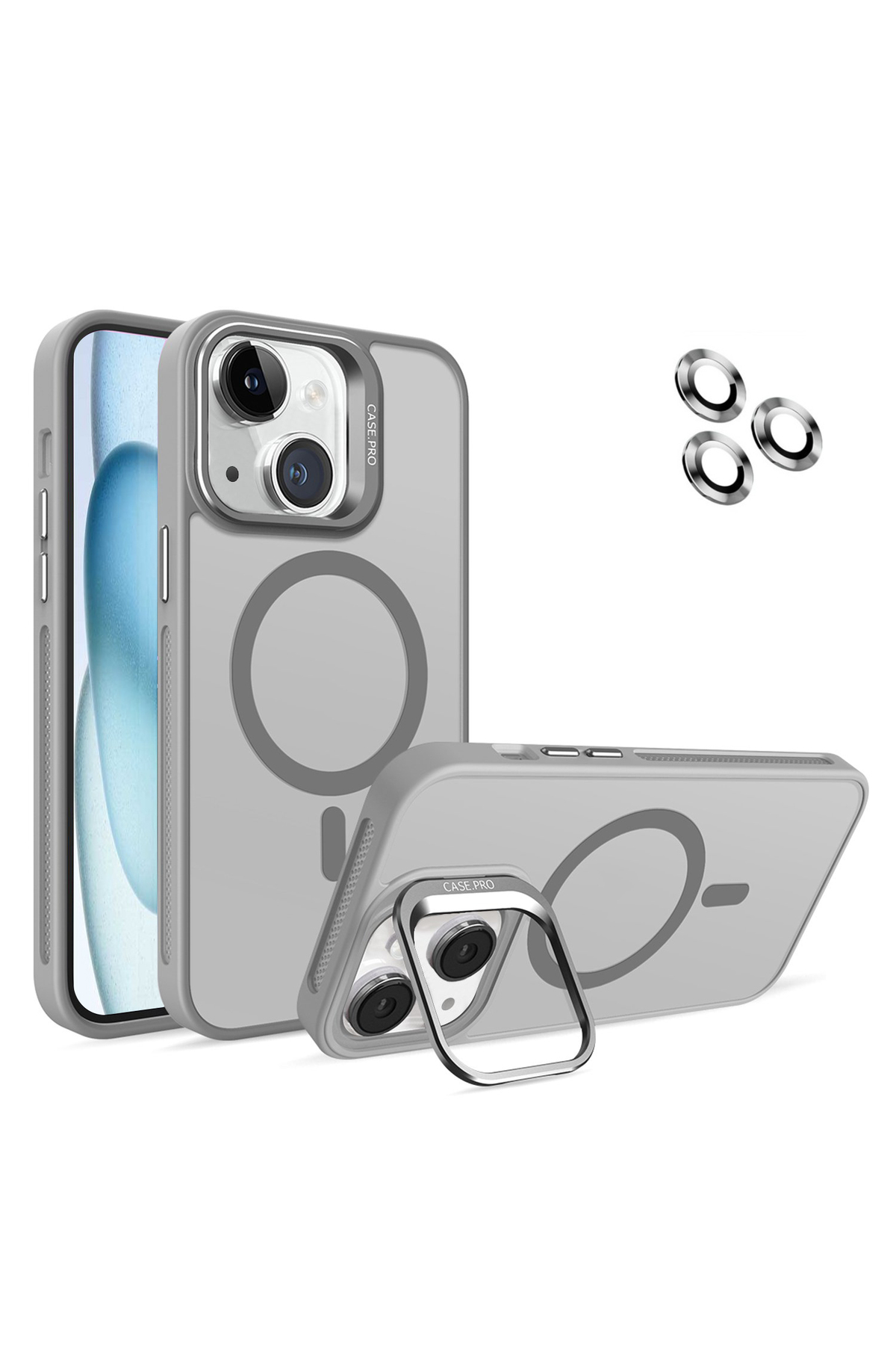 Apple iPhone 15 ile Uyumlu Lens Hediyeli Kamera Korumalı Wireless Şarj Özellikli Standlı Premium Kılıf - Gri