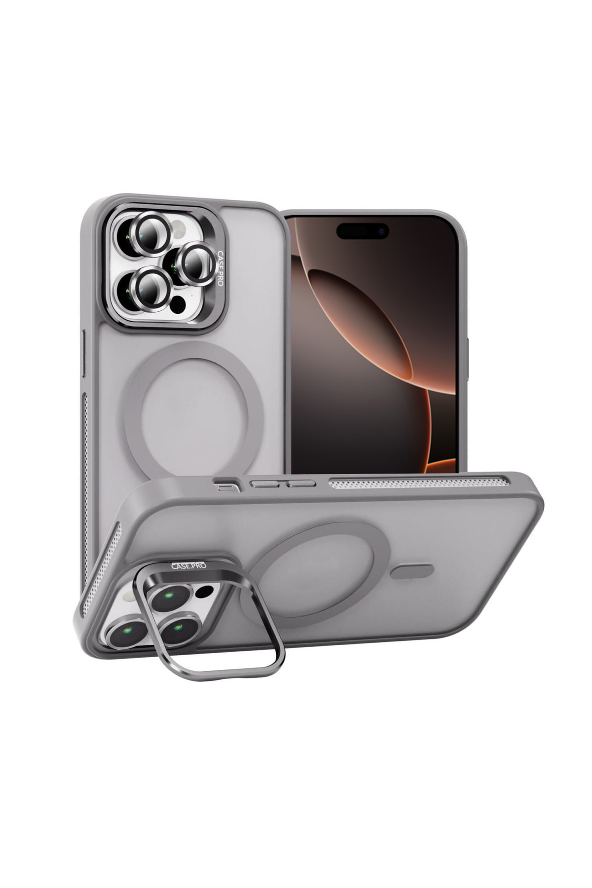 Apple iPhone 16 Pro Max ile Uyumlu Lens Hediyeli Kamera Korumalı Wireless Şarj Özellikli Standlı Premium Kılıf - Gri