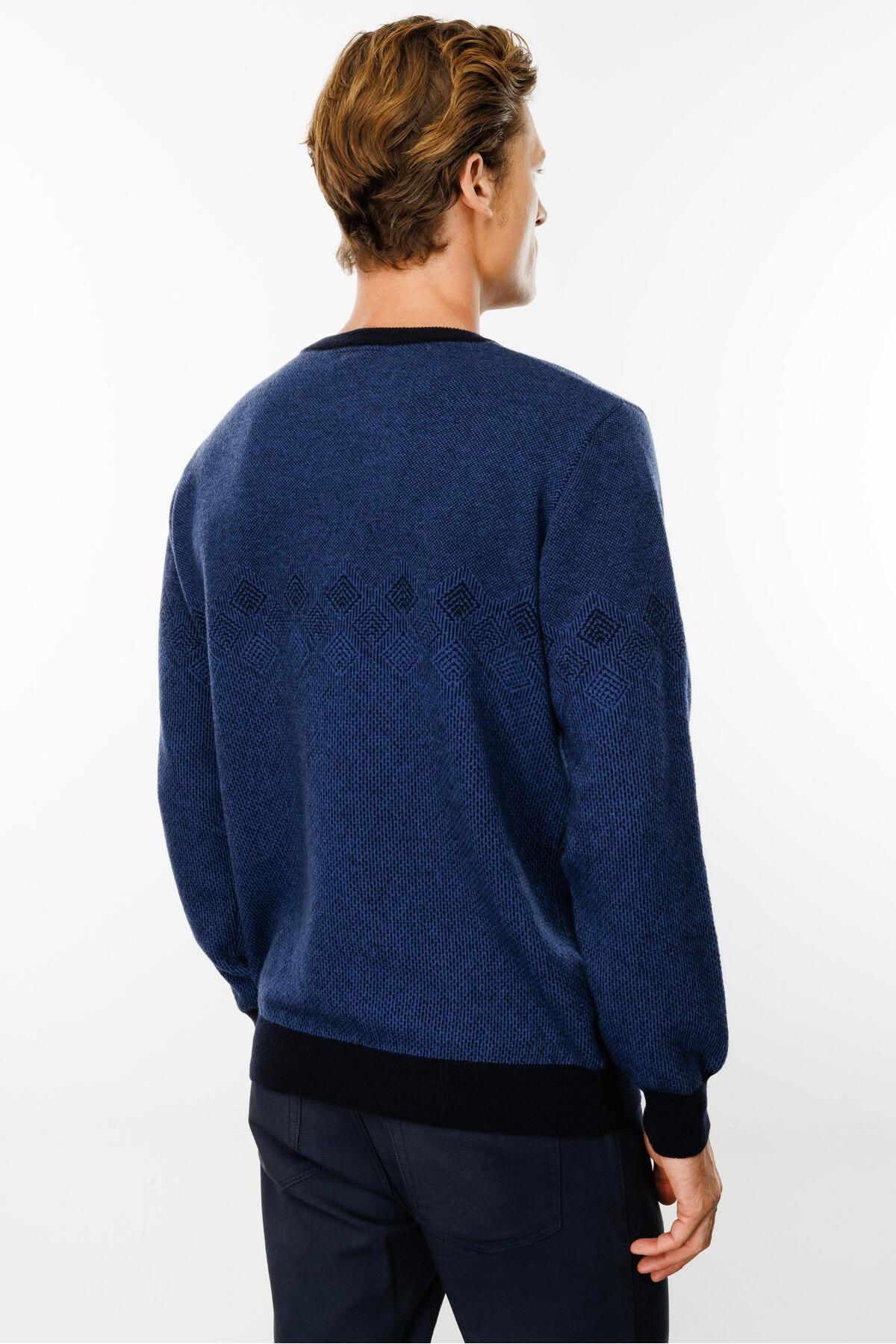 Desen Triko-Men's Crew Neck Chest Diamond Patterned Wool Sweater Dark Navy Blue 7