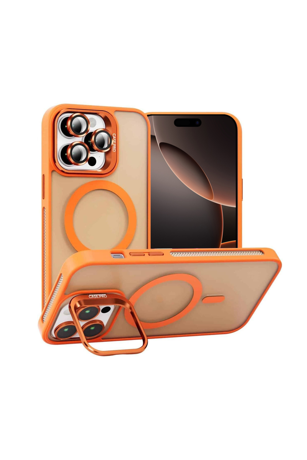 Apple iPhone 16 Pro Max ile Uyumlu Lens Hediyeli Kamera Korumalı Wireless Şarj Özellikli Standlı Premium Kılıf - Turuncu