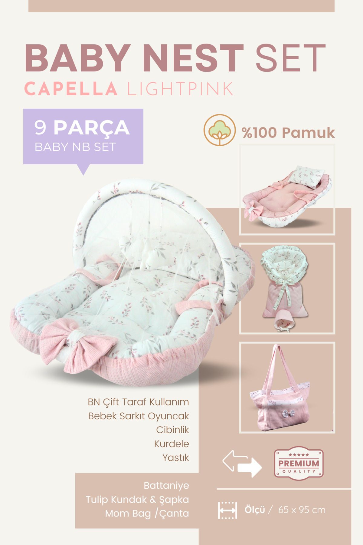 Calico Baby Nest Pudra Pembe / Kız Bebek -  9 Parça Özel Tasarım Set / %100 Pamuk