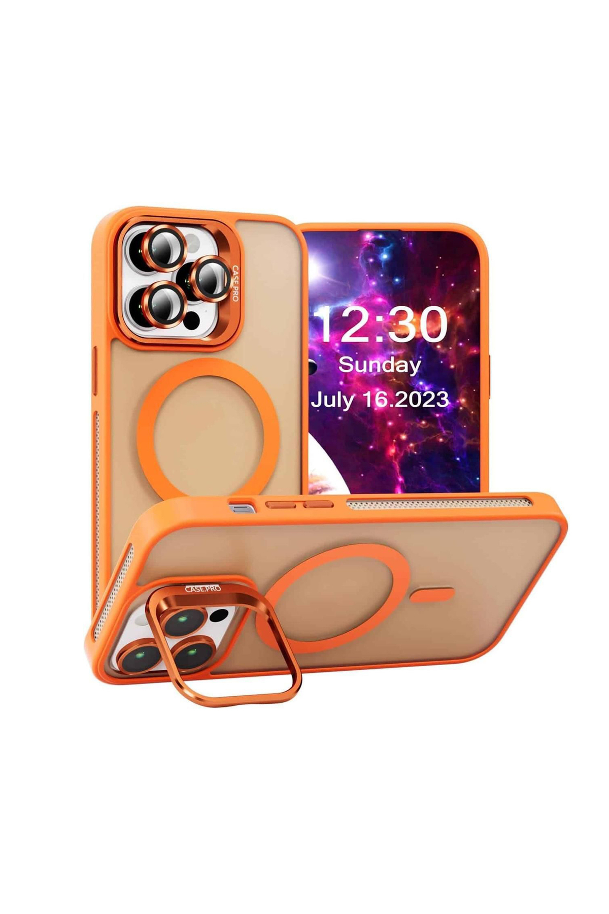 Apple iPhone 15 Pro ile Uyumlu Lens Hediyeli Kamera Korumalı Wireless Şarj Özellikli Standlı Premium Kılıf - Turuncu