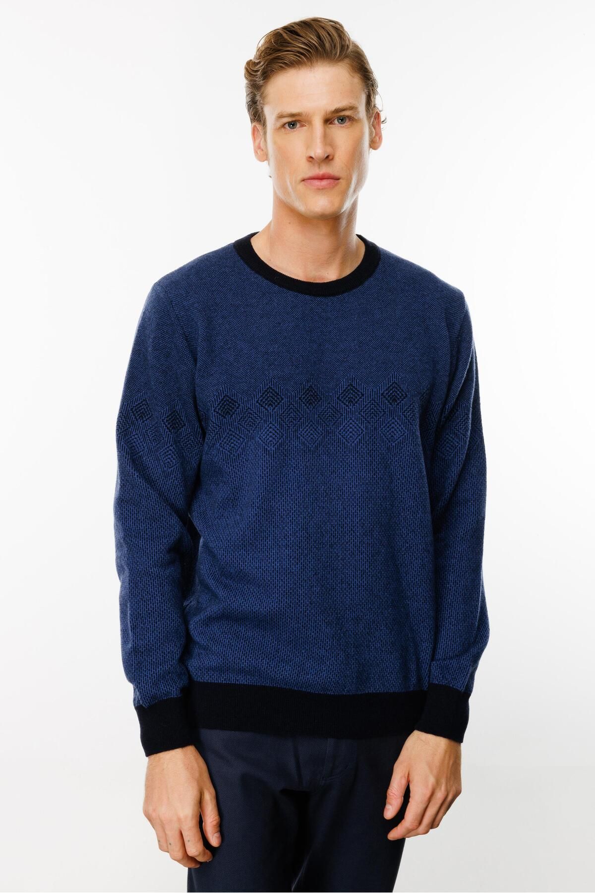 Desen Triko-Men's Crew Neck Chest Diamond Patterned Wool Sweater Dark Navy Blue 4