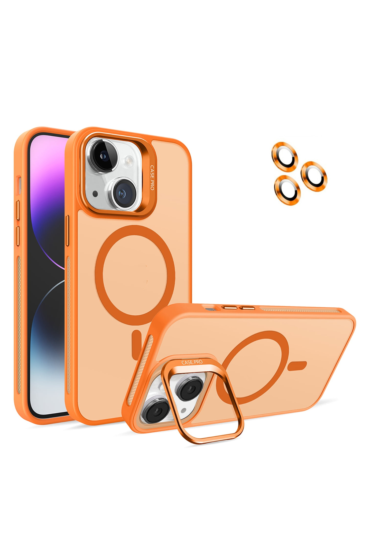 Apple iPhone 14 ile Uyumlu Lens Hediyeli Kamera Korumalı  Wireless Şarj Özellikli Standlı Premium Kılıf - Turuncu