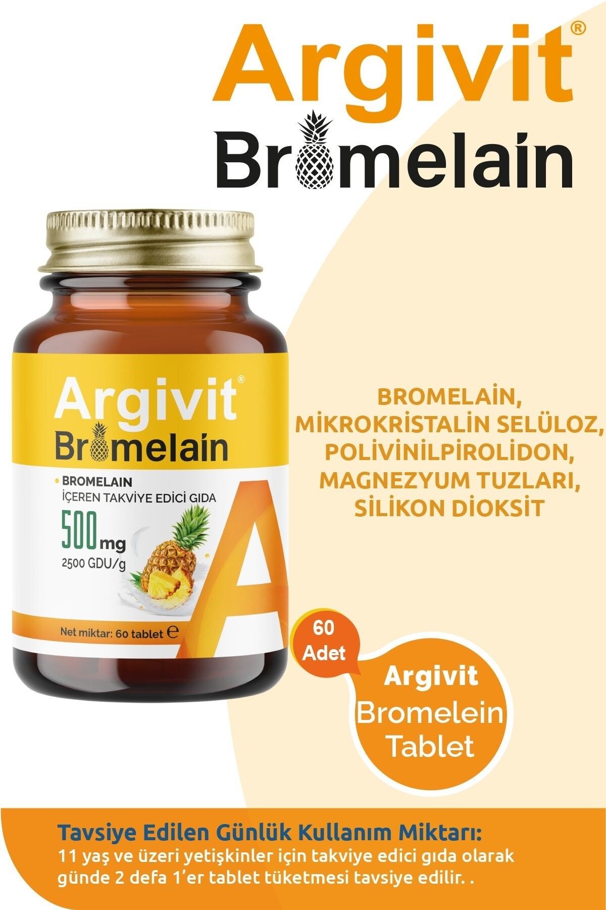 Argivit Bromelain 500 Mg, 2500 Gdu/g - Takviye Edici Gıda - 60 Tablet