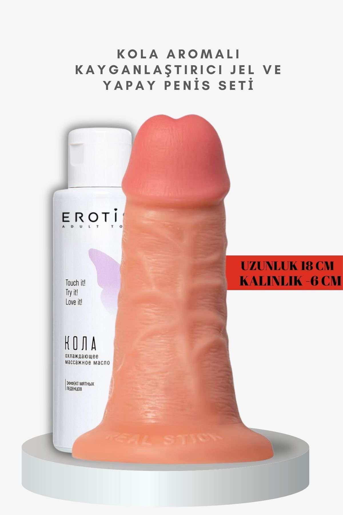 Erotist Kola Aromalı Kayganlaştırıcı Jel ve Caliber 18 cm Yapay Penis Seti - 6 cm Çap, Gerçekçi His