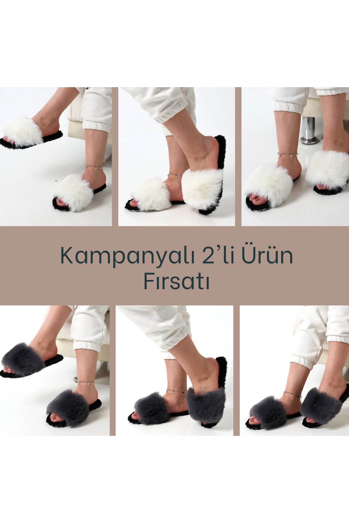 olgun slipper 2'li Tüylü Şık Terlik